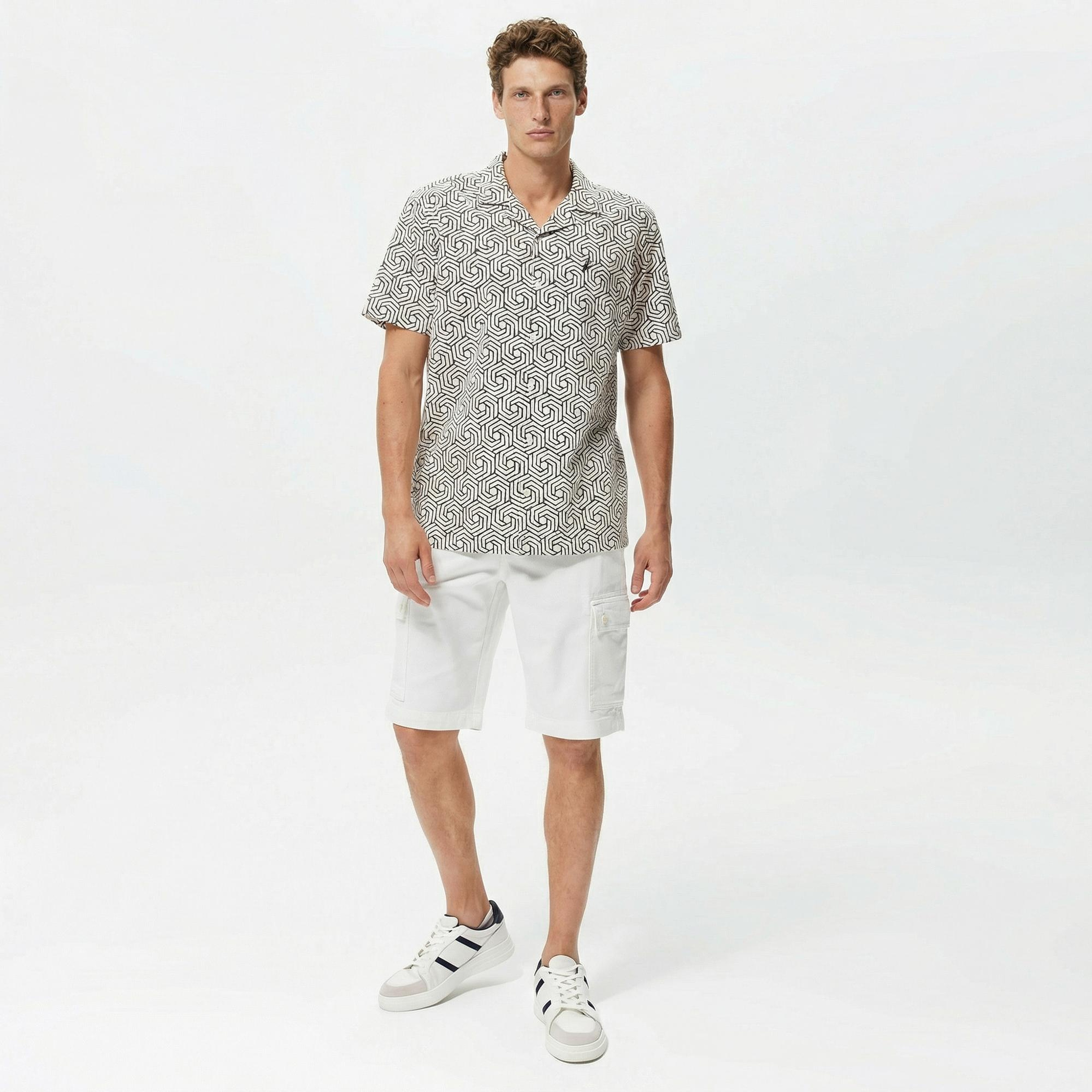 Nautica Erkek Krem Rengi Classic Fit Kısa Kollu Keten Gömlek