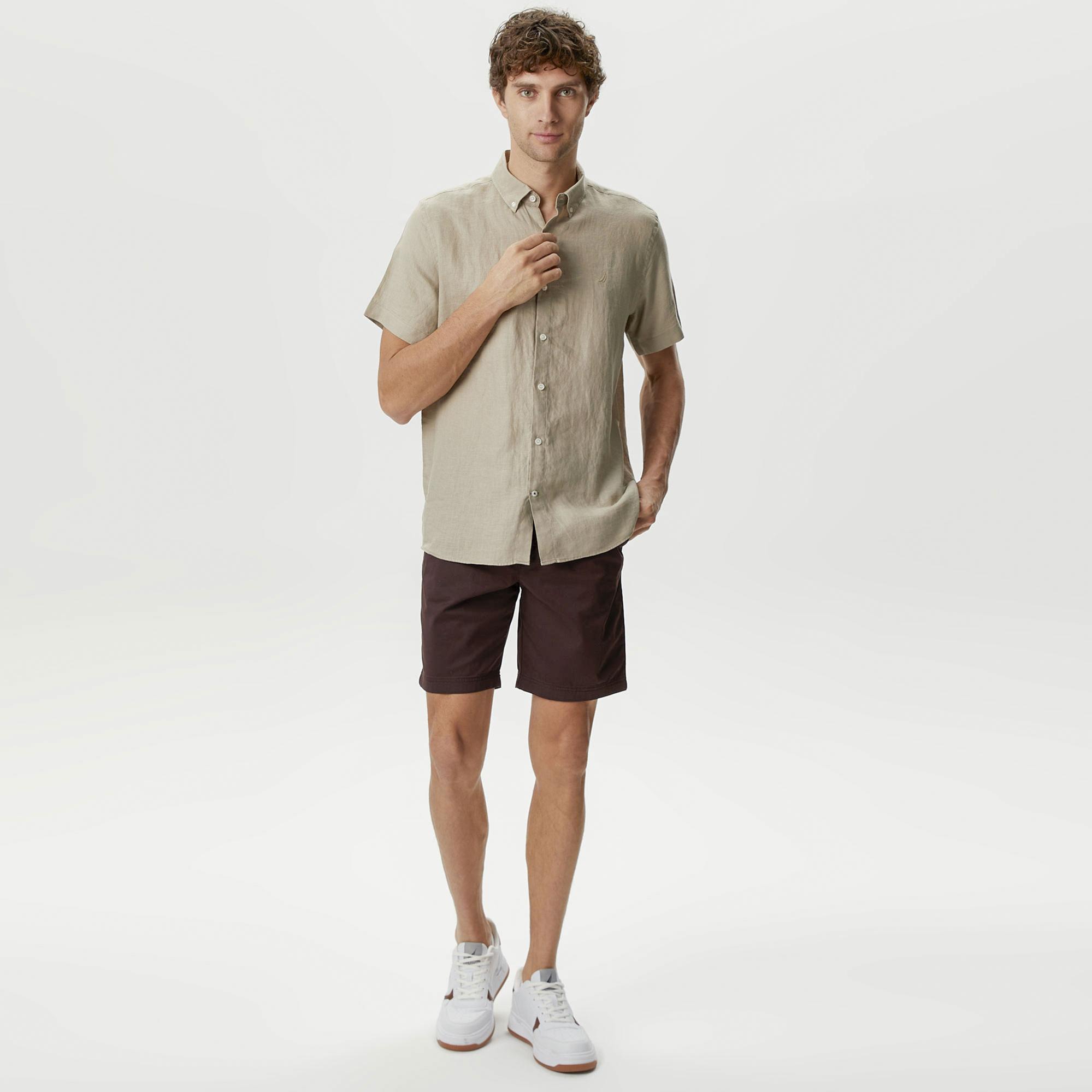 Nautica Erkek Bej Classic Fit Kısa Kollu Keten Gömlek