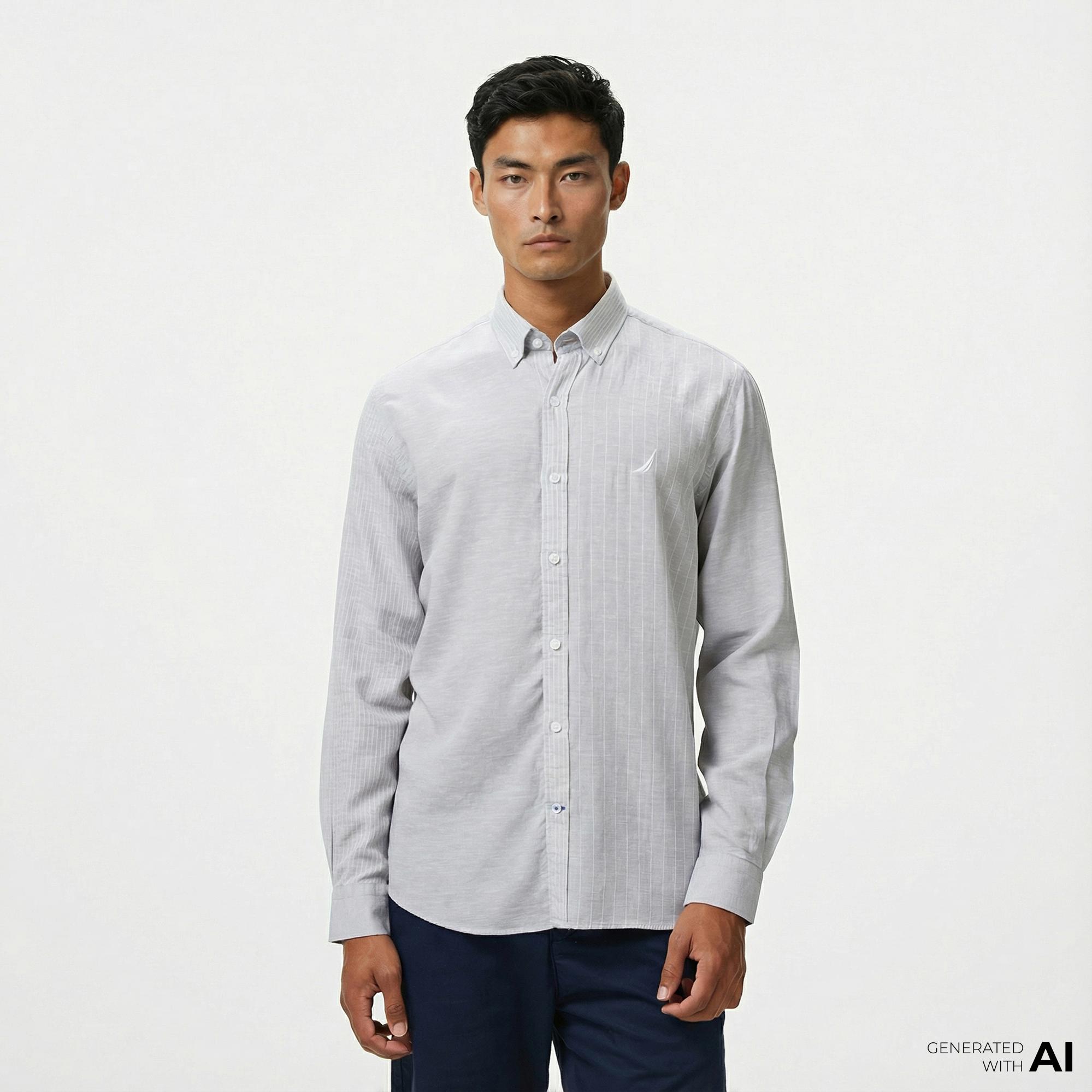 Nautica Erkek Gri Classic Fit Çizgili Gömlek