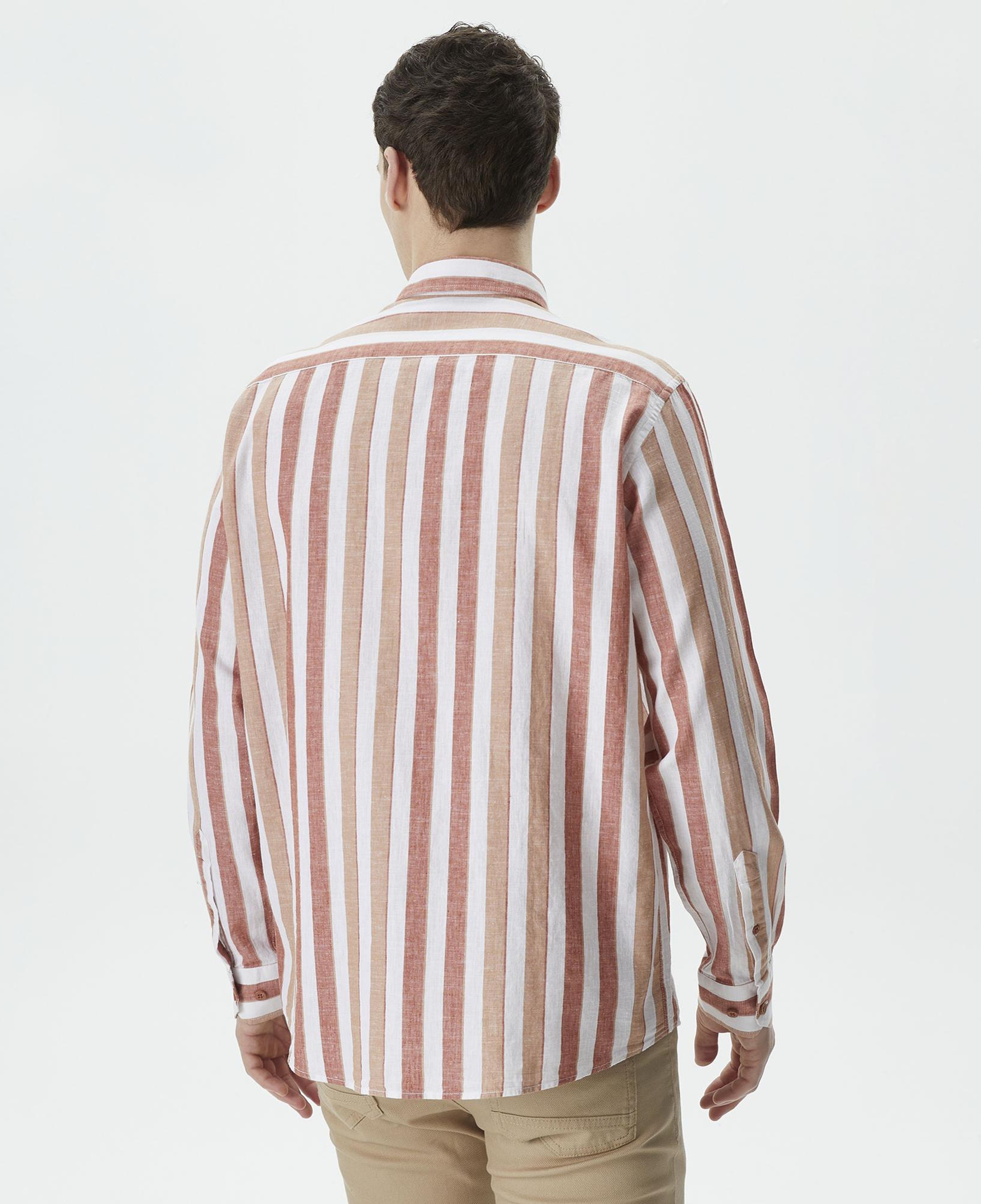 Nautica Erkek Turuncu Classic Fit Uzun Kollu Çizgili Keten Gömlek