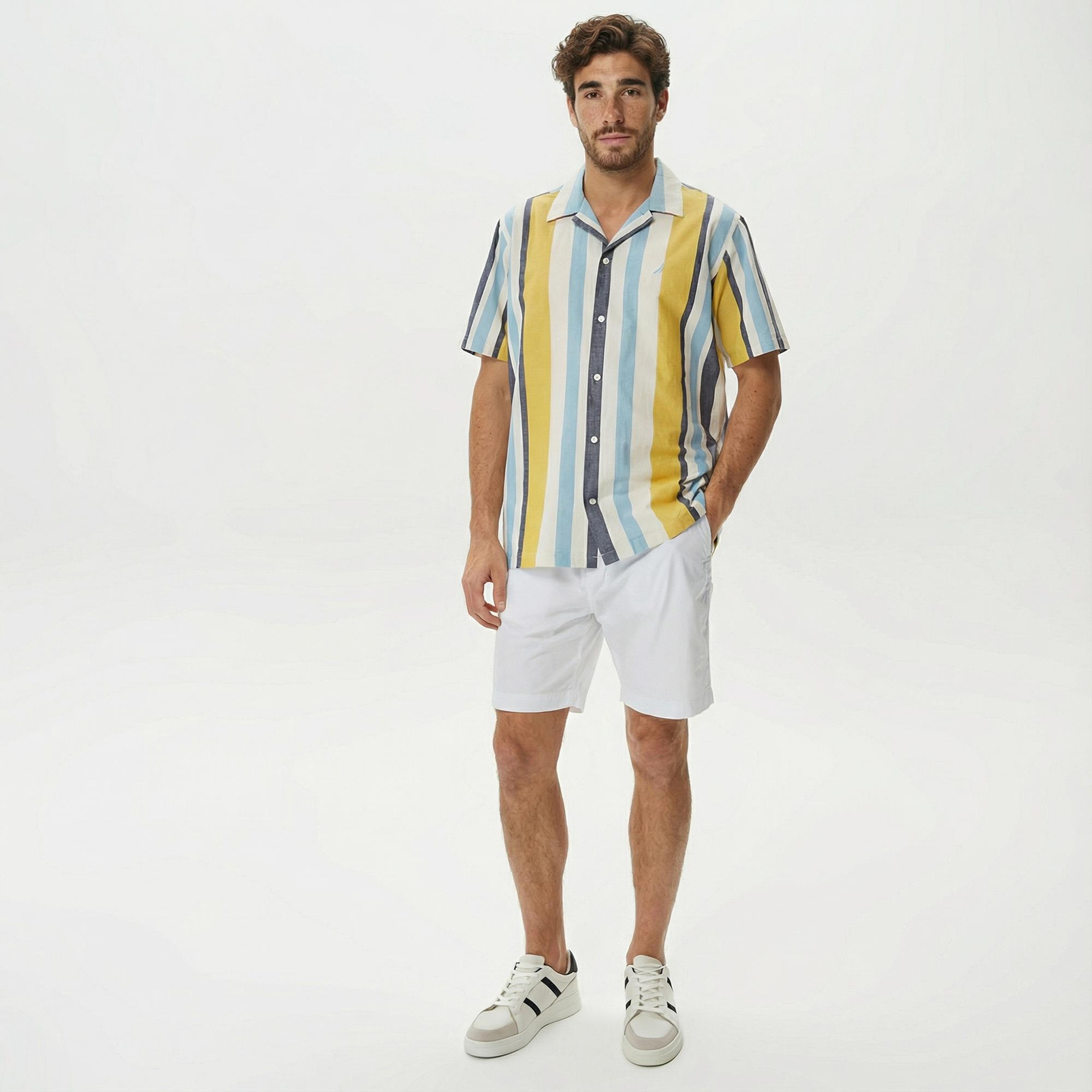 Nautica Erkek Çizgili Classic Renkli Fit Kısa Kollu Keten Gömlek