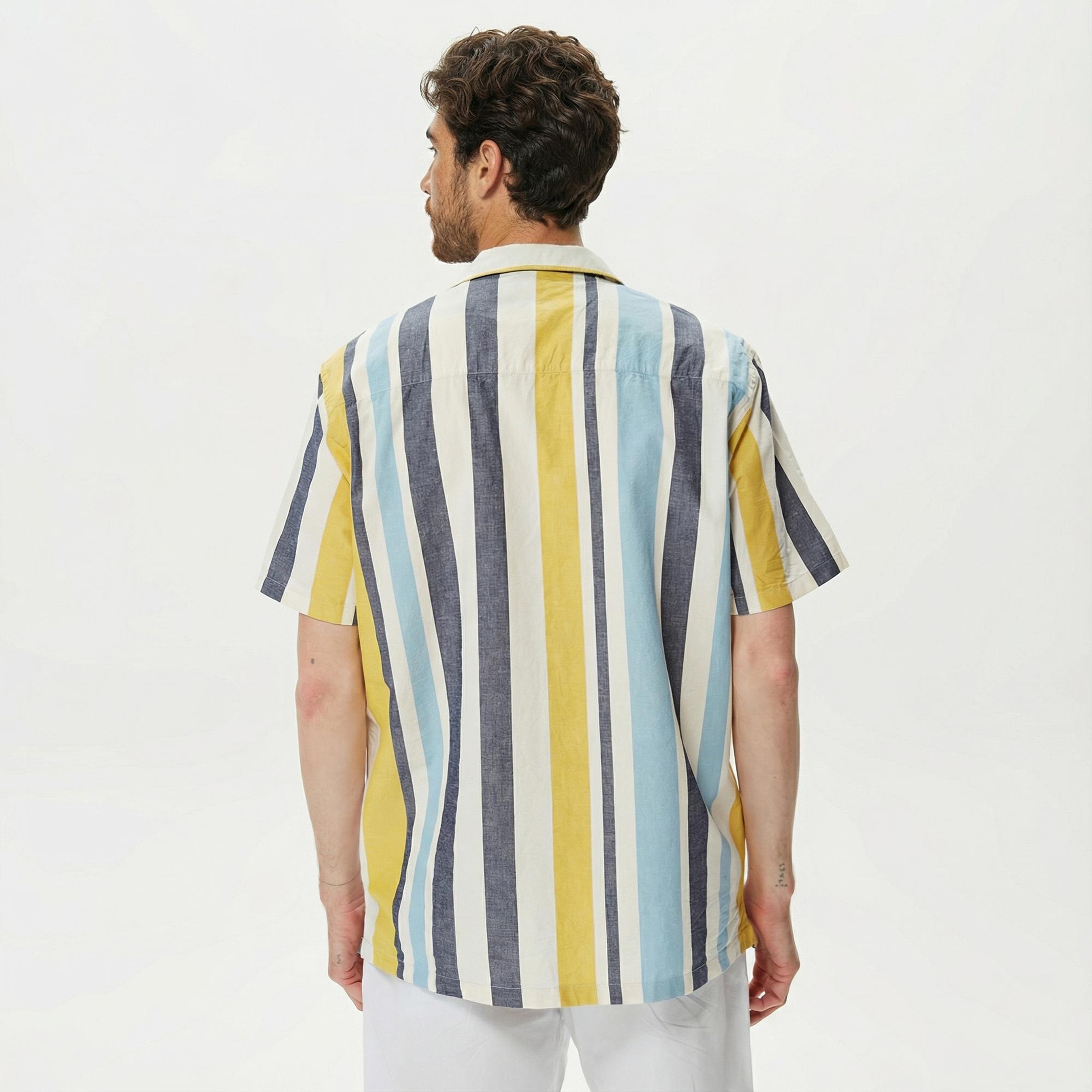 Nautica Erkek Çizgili Classic Renkli Fit Kısa Kollu Keten Gömlek