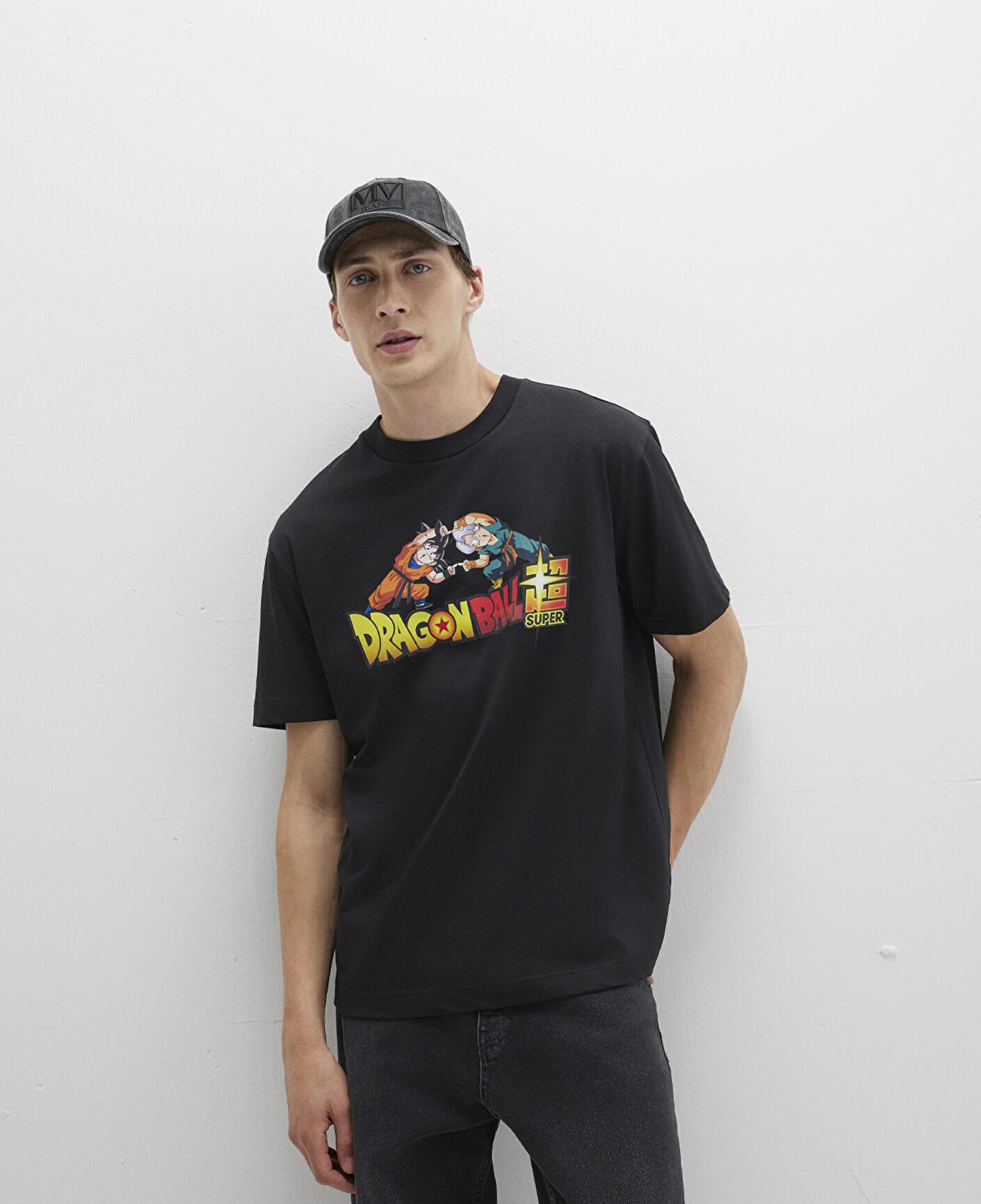 Mavi Dragon Ball Baskılı Siyah Tişört Loose Fit / Bol Rahat Kesim 0612932-900