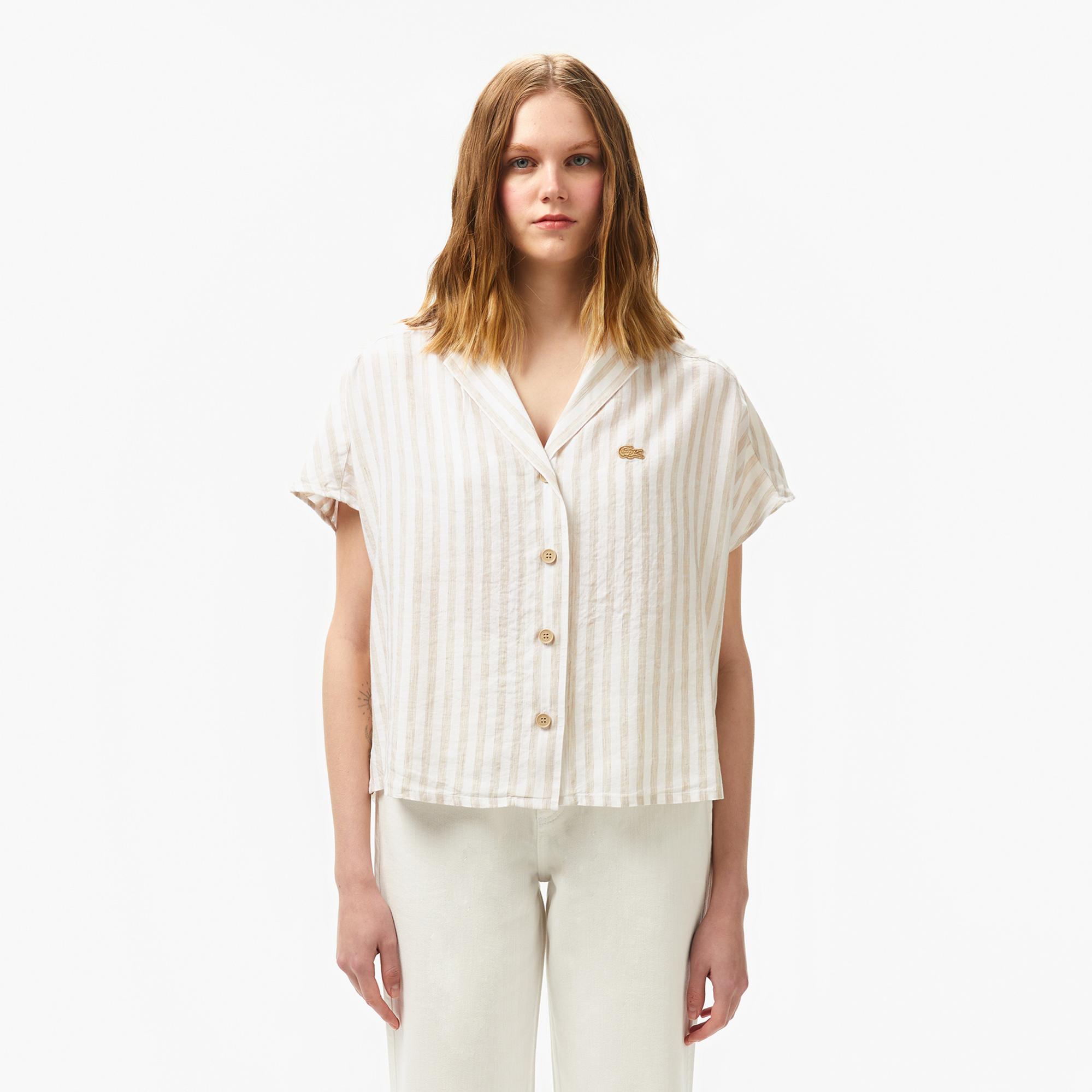 Lacoste Kadın Regular Fit Kısa Kollu Çizgili Keten Bej Gömlek