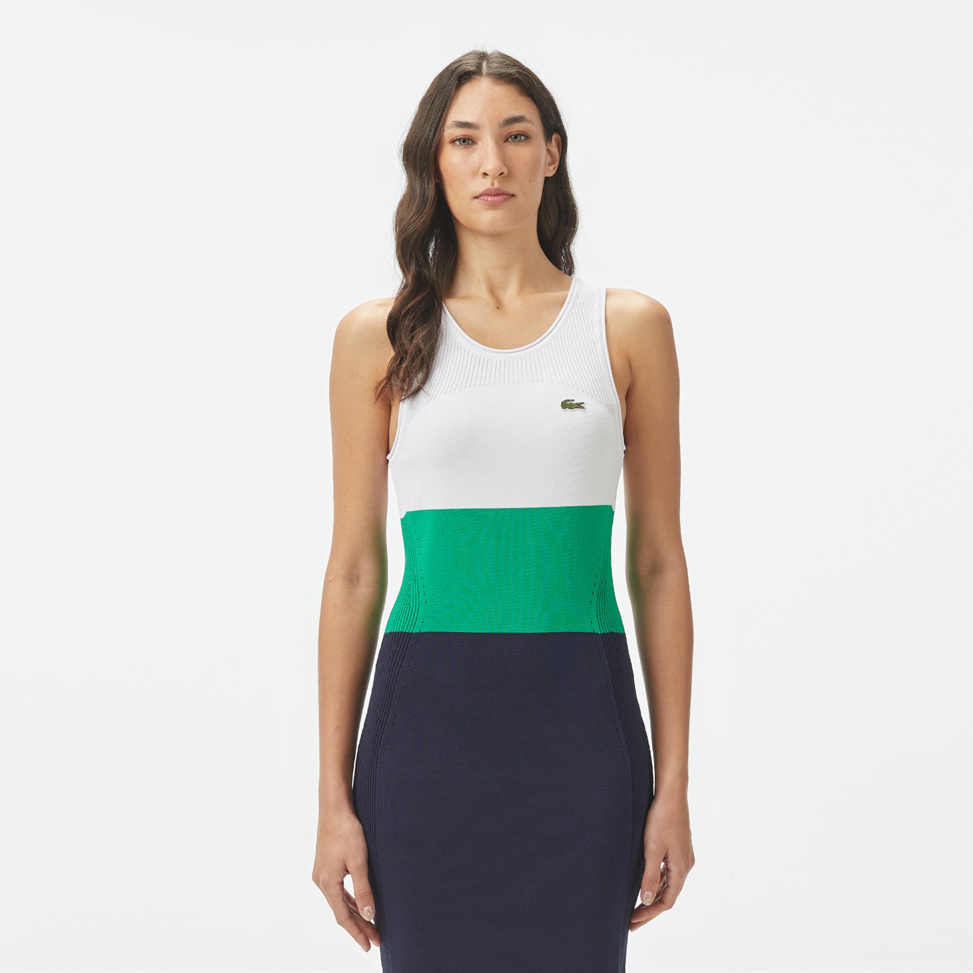 Lacoste Kadın Slim Fit Kolsuz Bisiklet Yaka Renk Bloklu Lacivert Elbise