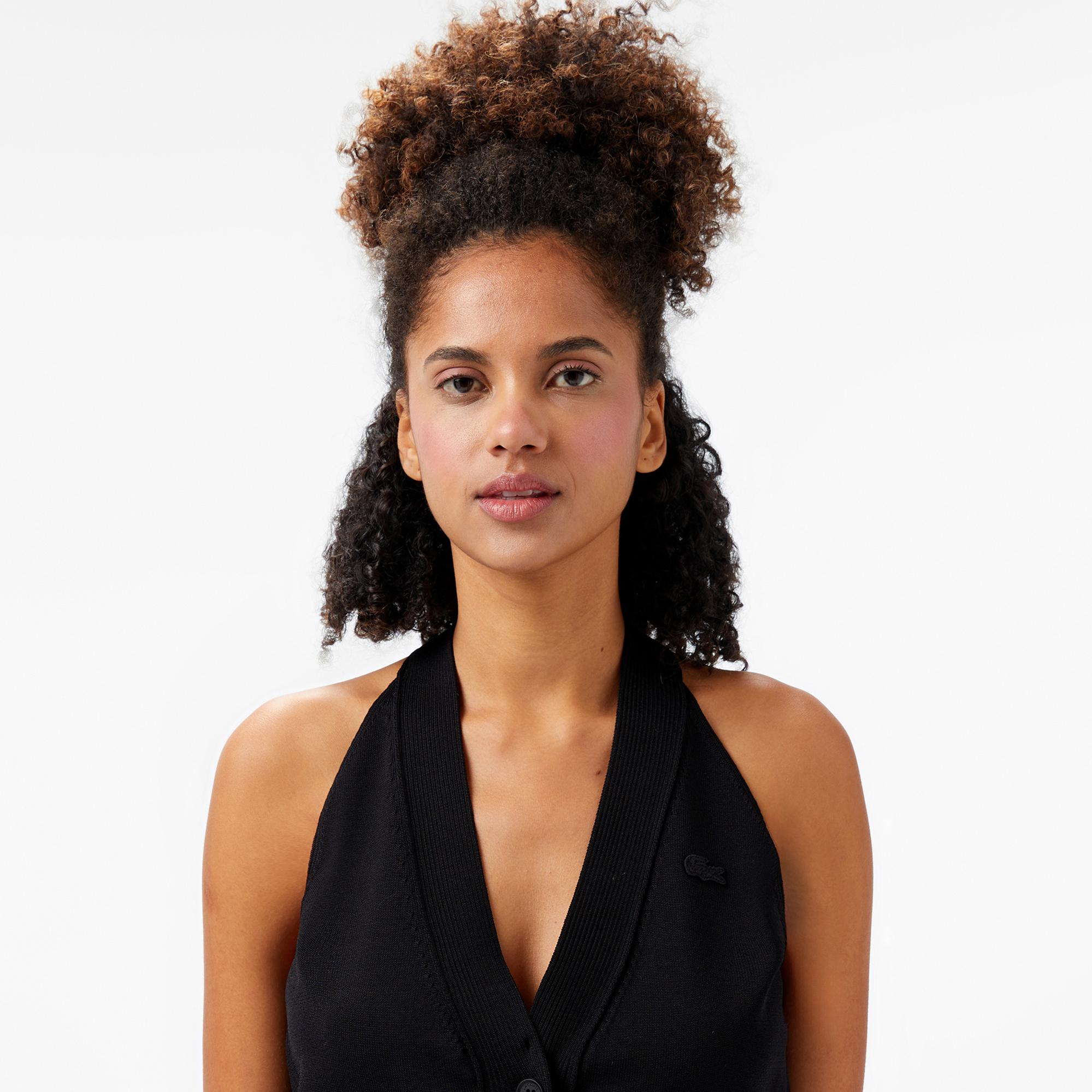 Lacoste Kadın Kolsuz V Yaka Siyah Triko