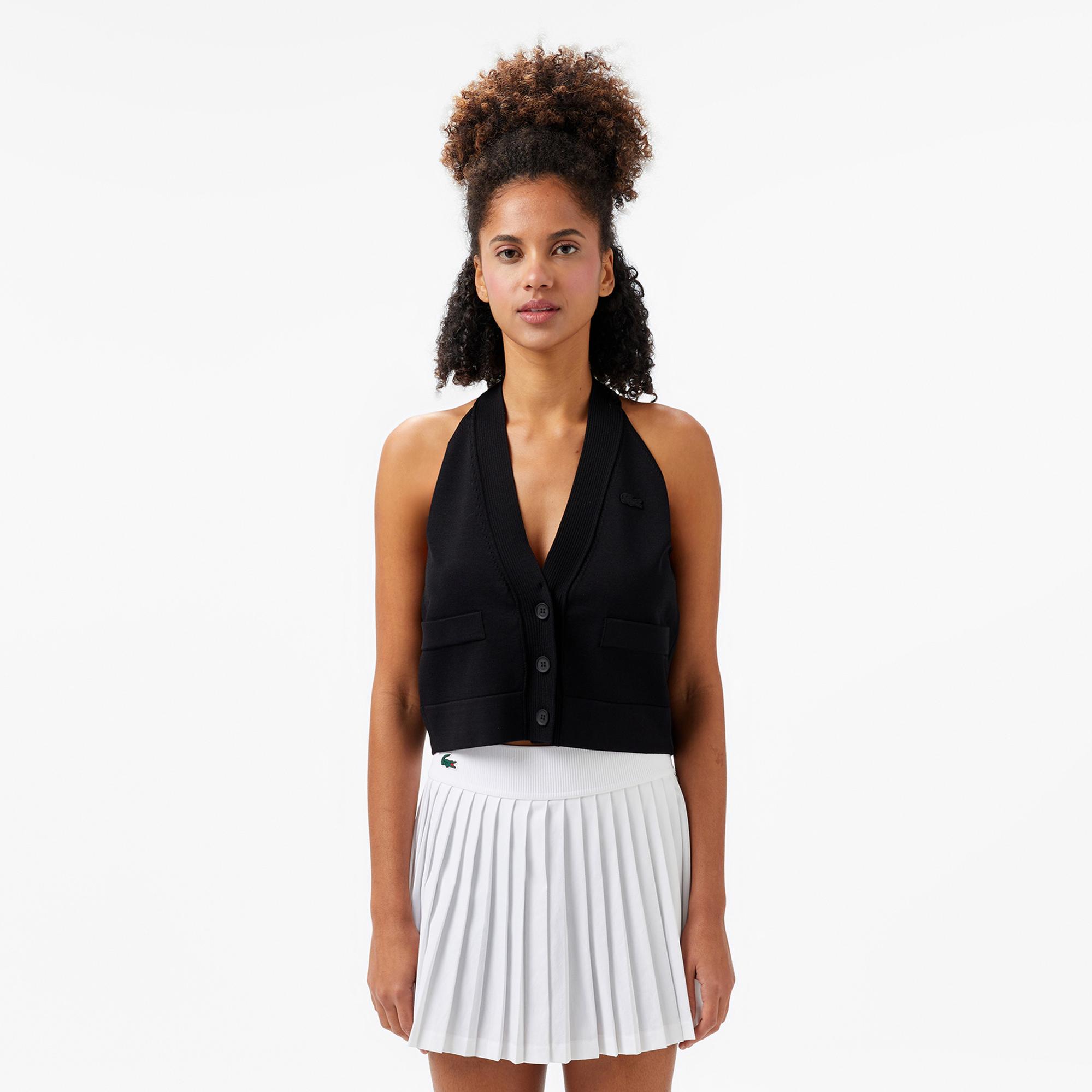 Lacoste Kadın Kolsuz V Yaka Siyah Triko