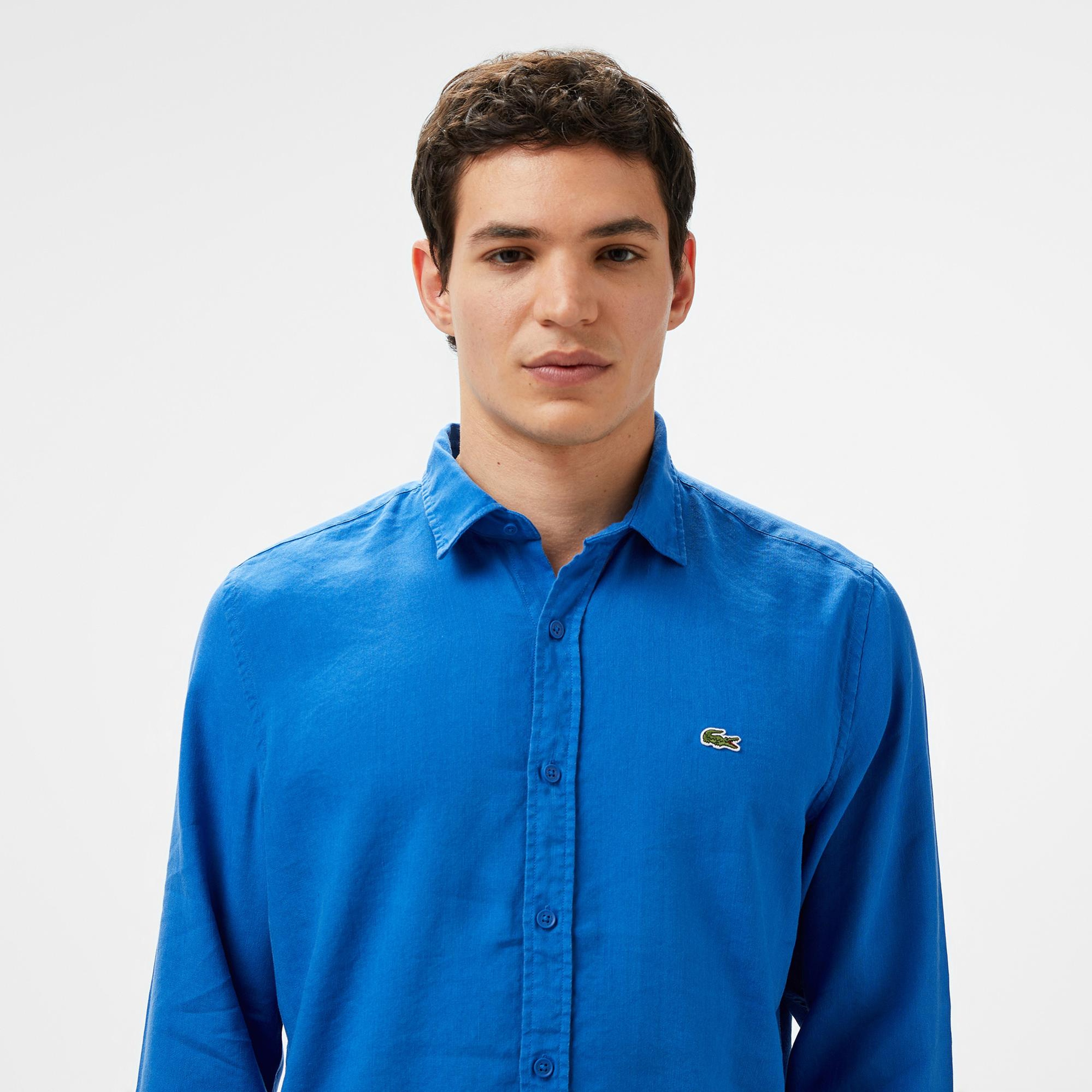 Lacoste Erkek Slim Fit Keten Mavi Gömlek