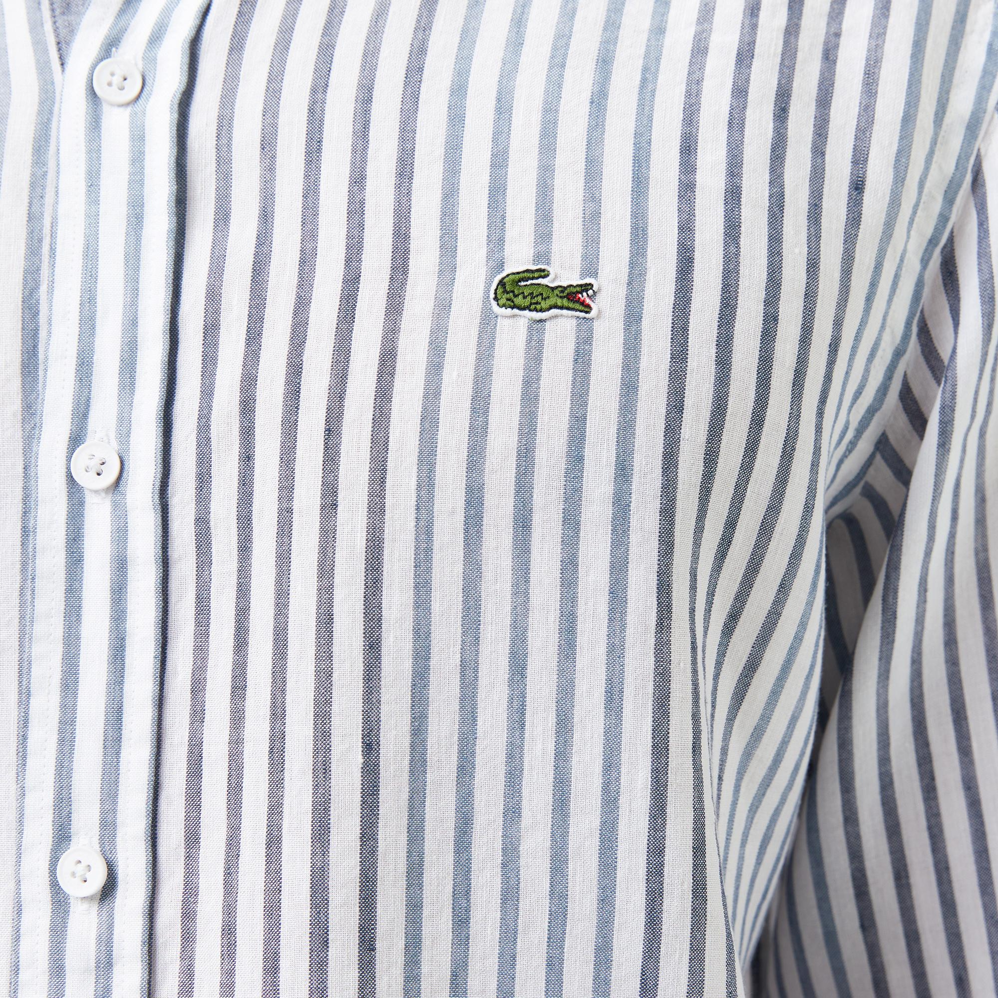 Lacoste Erkek Regular Fit Çizgili Keten Koyu Mavi Gömlek