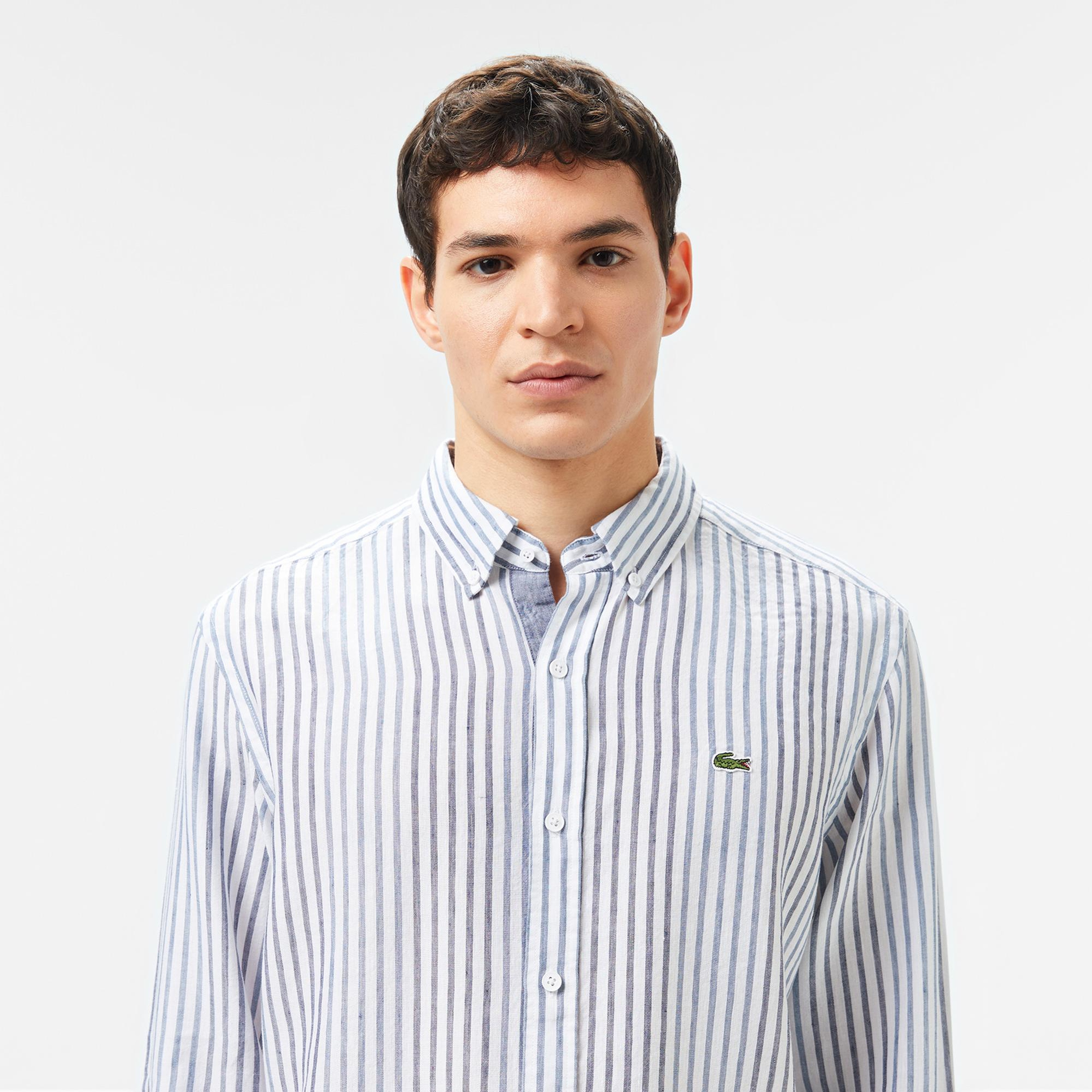 Lacoste Erkek Regular Fit Çizgili Keten Koyu Mavi Gömlek