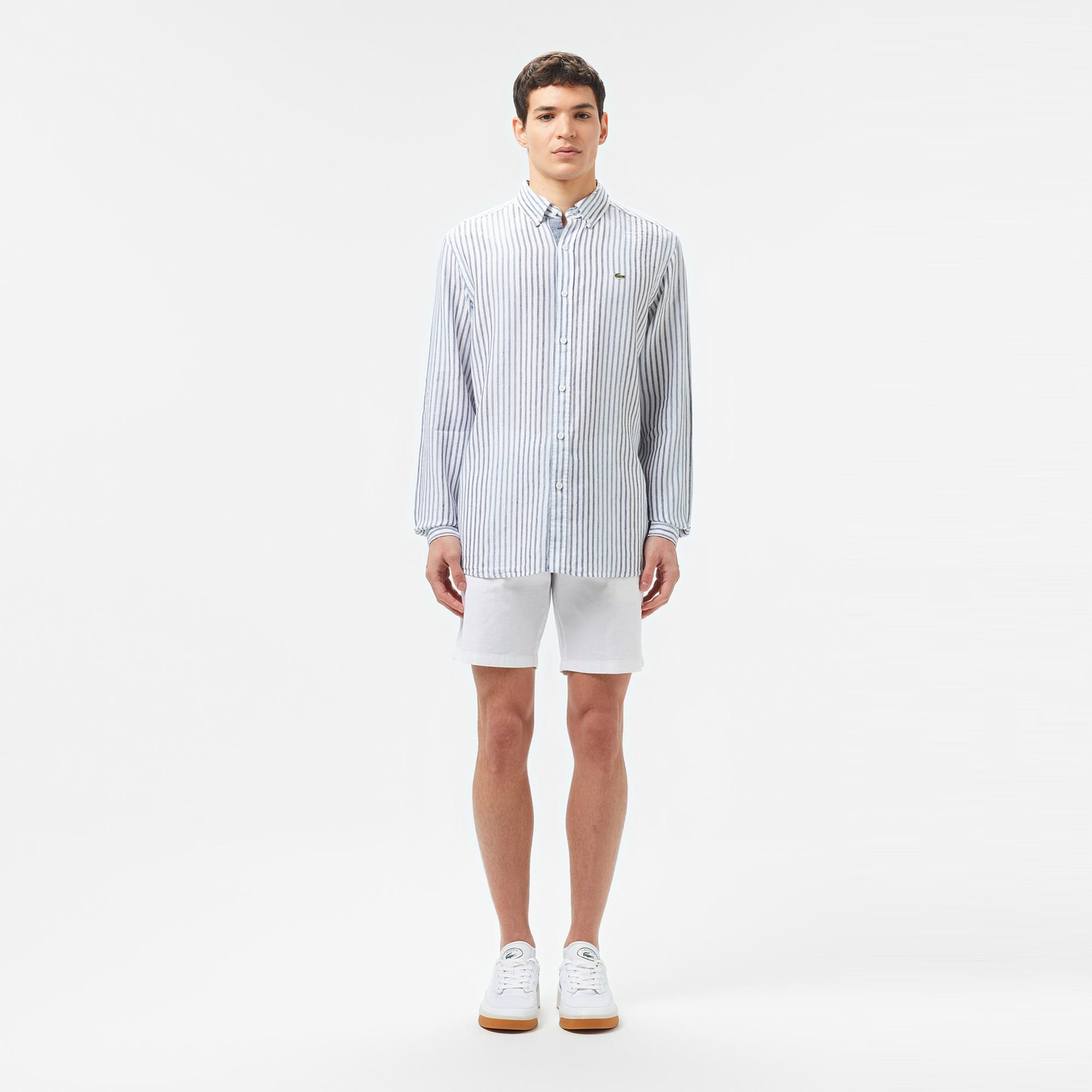 Lacoste Erkek Regular Fit Çizgili Keten Koyu Mavi Gömlek