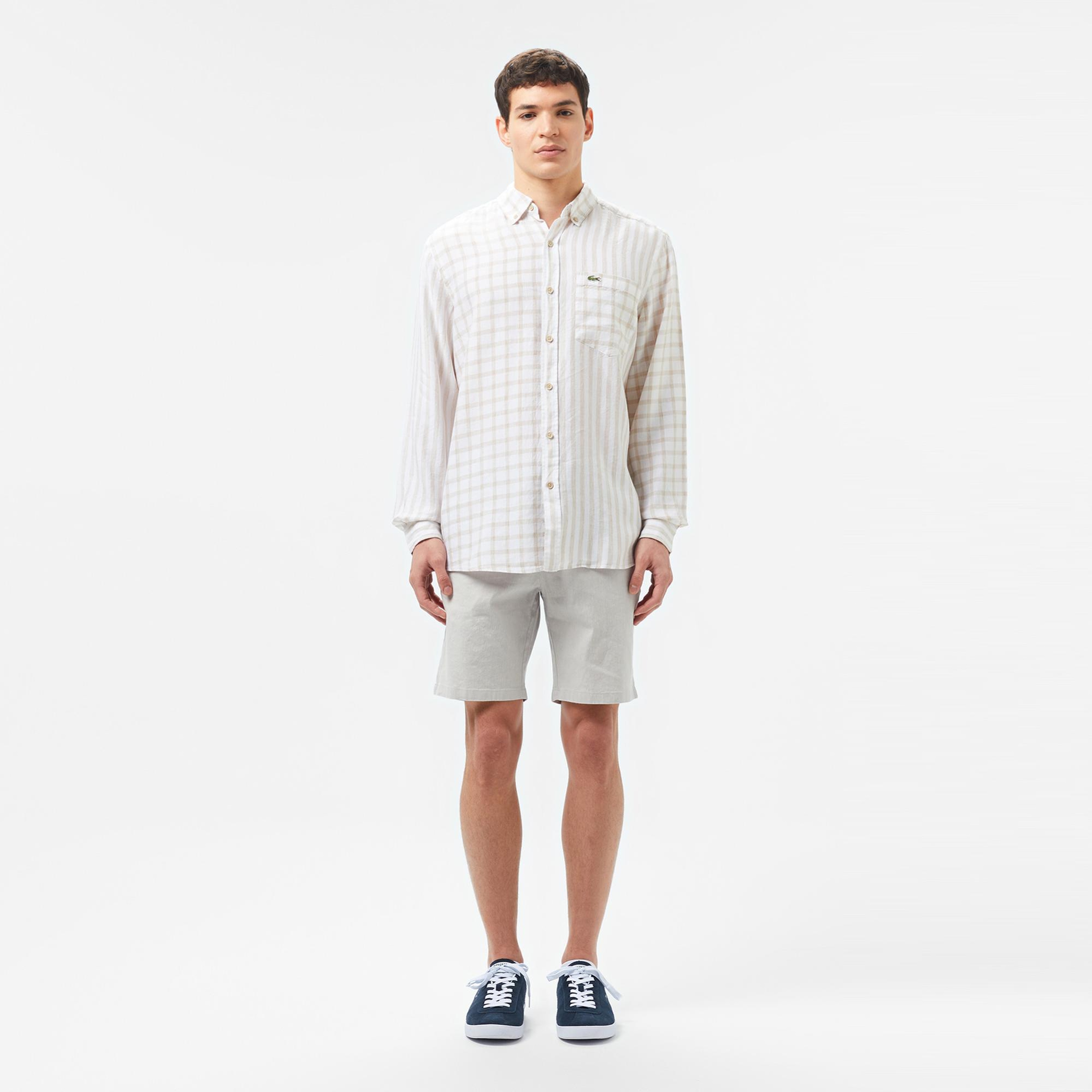 Lacoste Erkek Regular Fit Düğmeli Yaka Ekose Keten Bej Gömlek