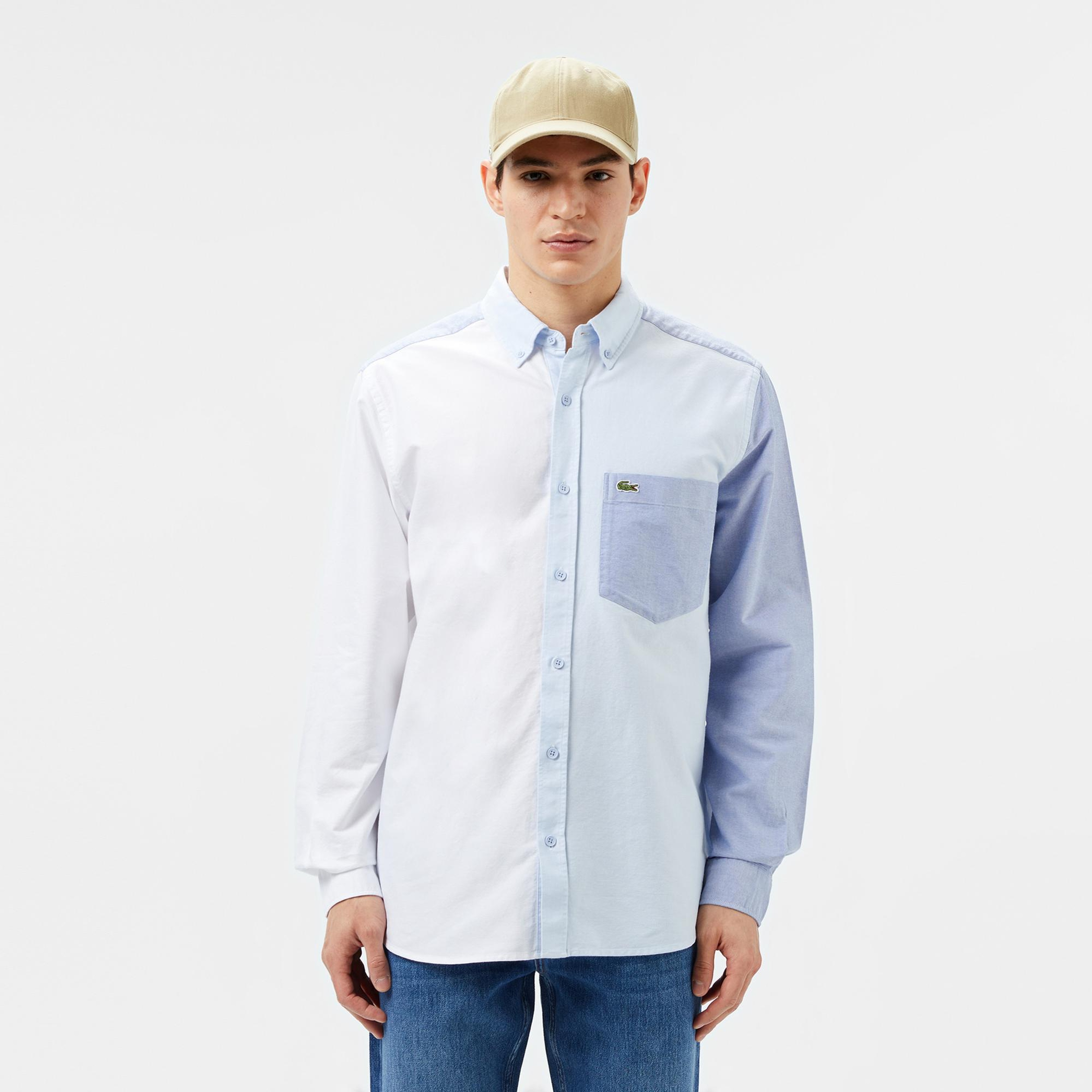 Lacoste Erkek Slim Fit Renk Bloklu Açık Mavi Gömlek