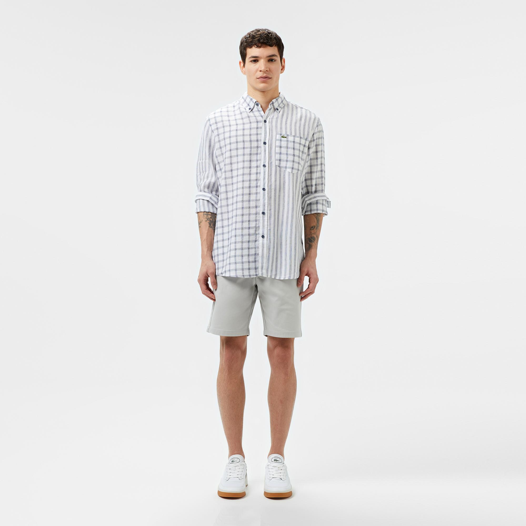 Lacoste Erkek Regular Fit Düğmeli Yaka Ekose Keten Lacivert Gömlek