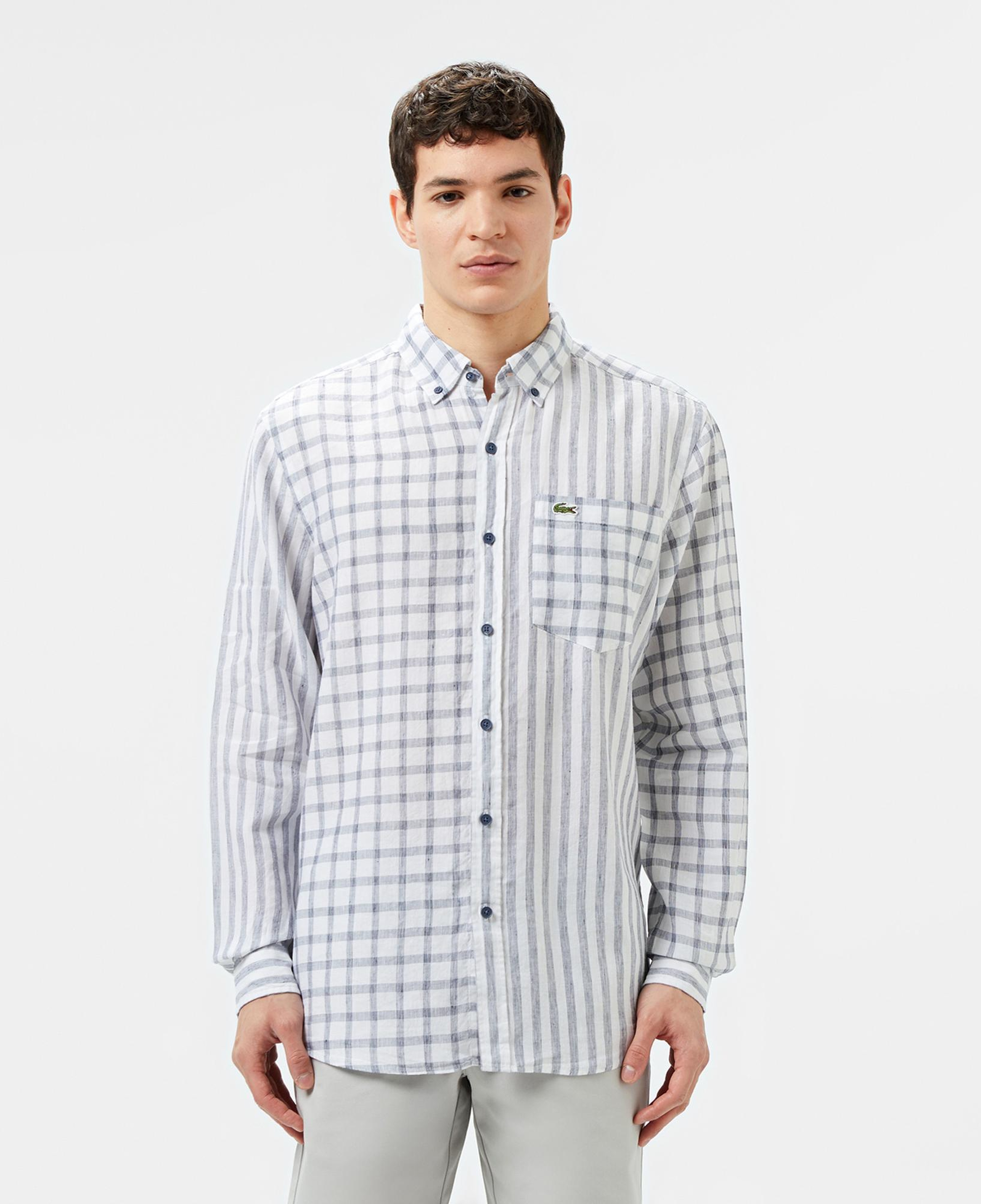 Lacoste Erkek Regular Fit Düğmeli Yaka Ekose Keten Lacivert Gömlek