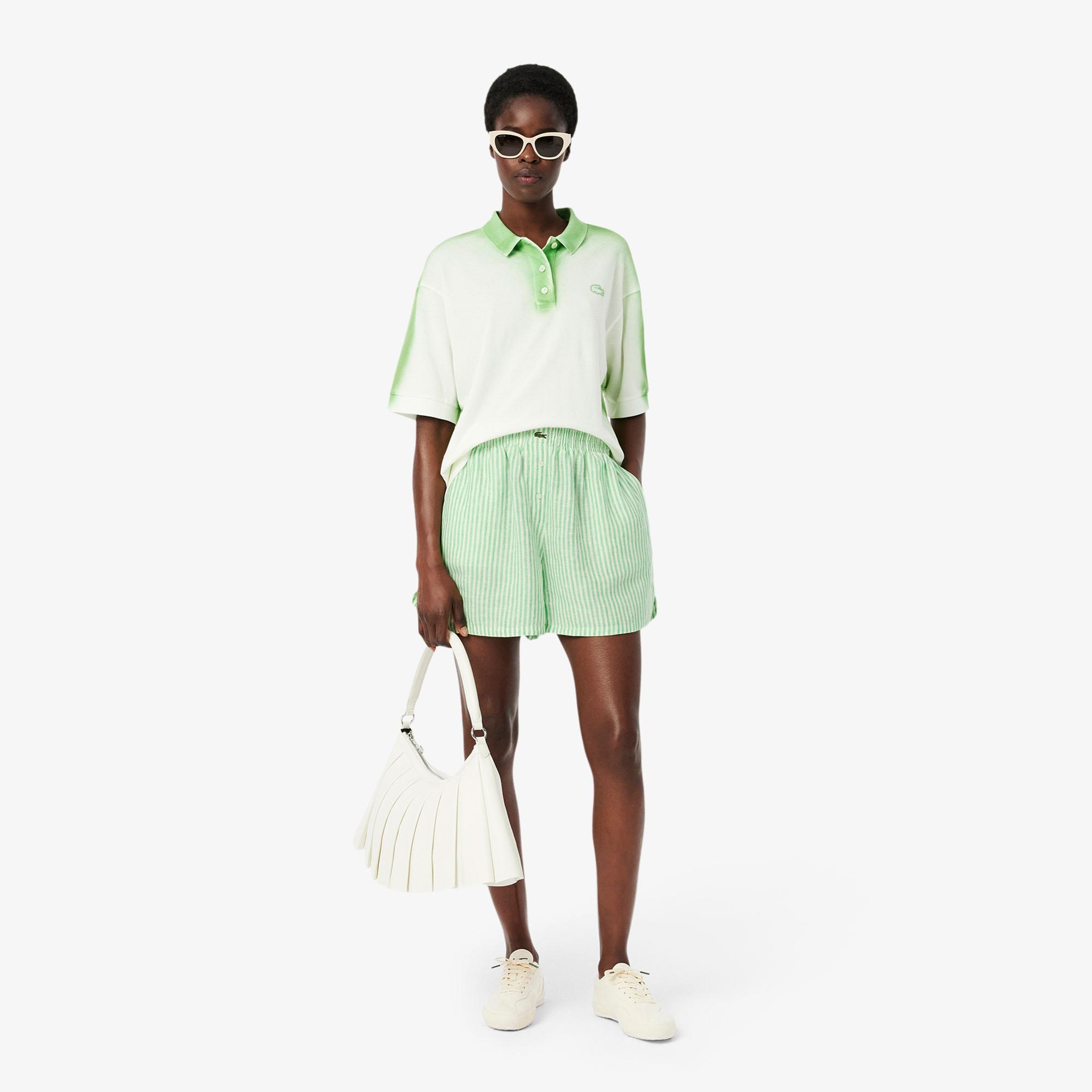 Lacoste Kadın Loose Fit Çizgili Keten Yeşil Şort
