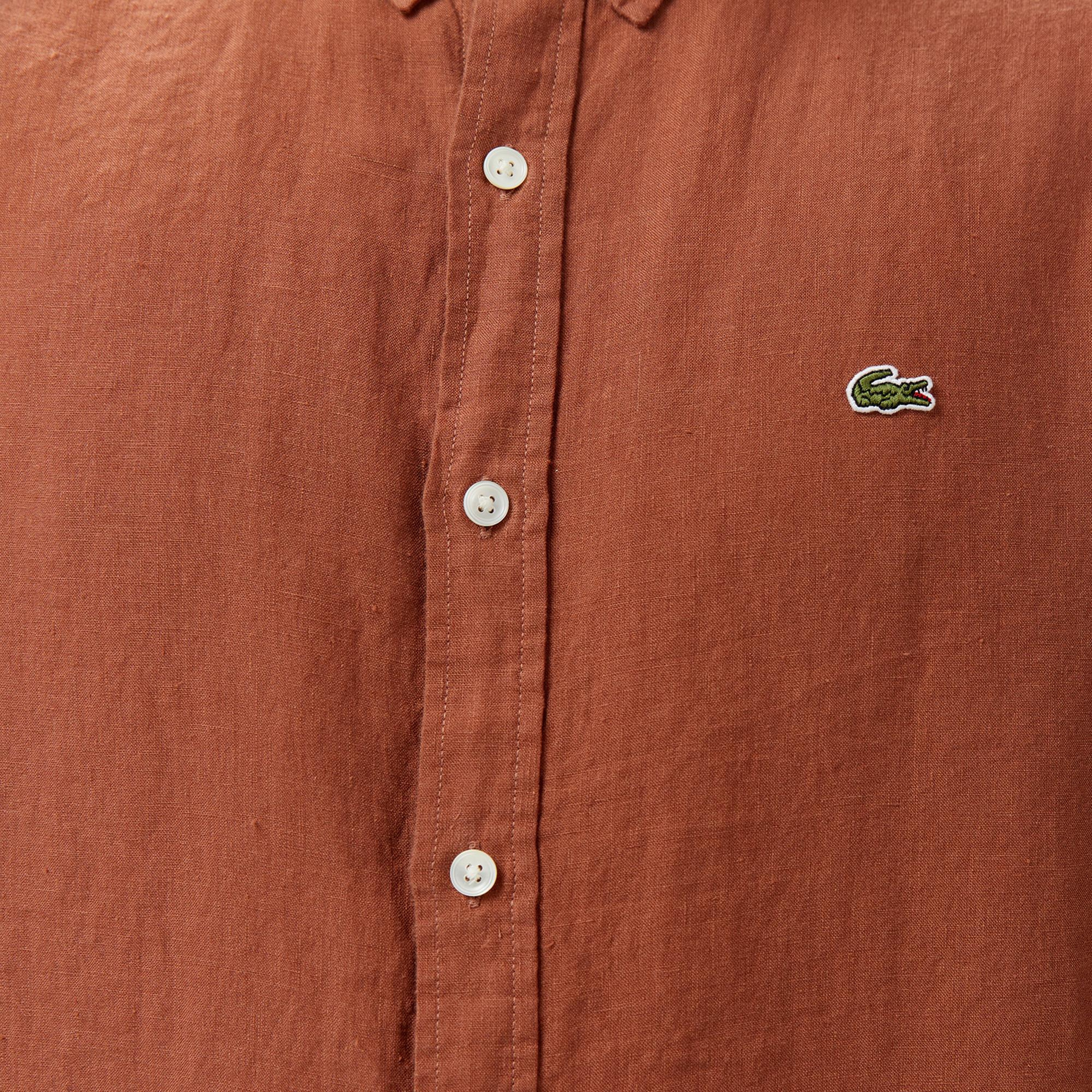 Lacoste Erkek Regular Fit Düğmeli Yaka Keten Kahverengi Gömlek