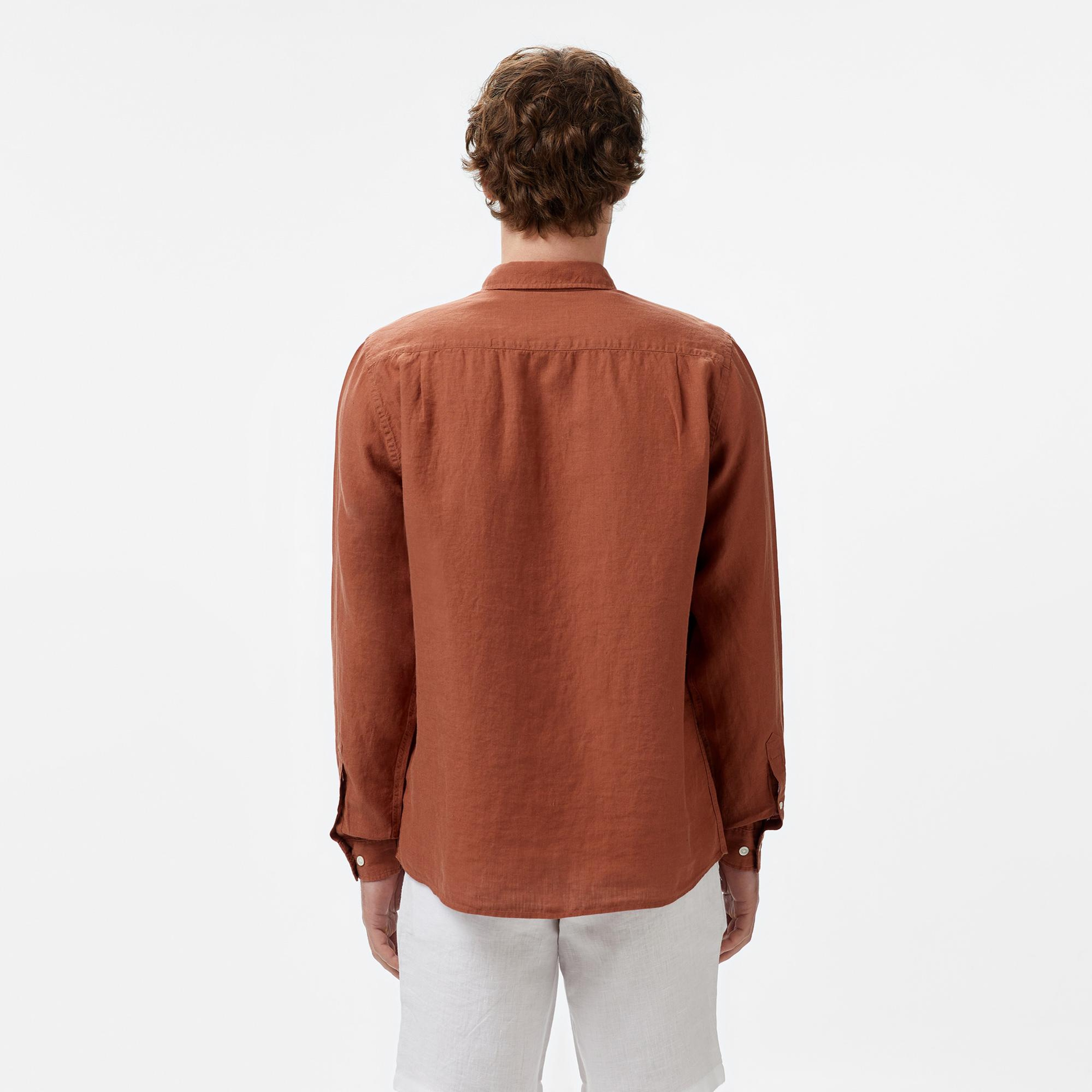 Lacoste Erkek Regular Fit Düğmeli Yaka Keten Kahverengi Gömlek