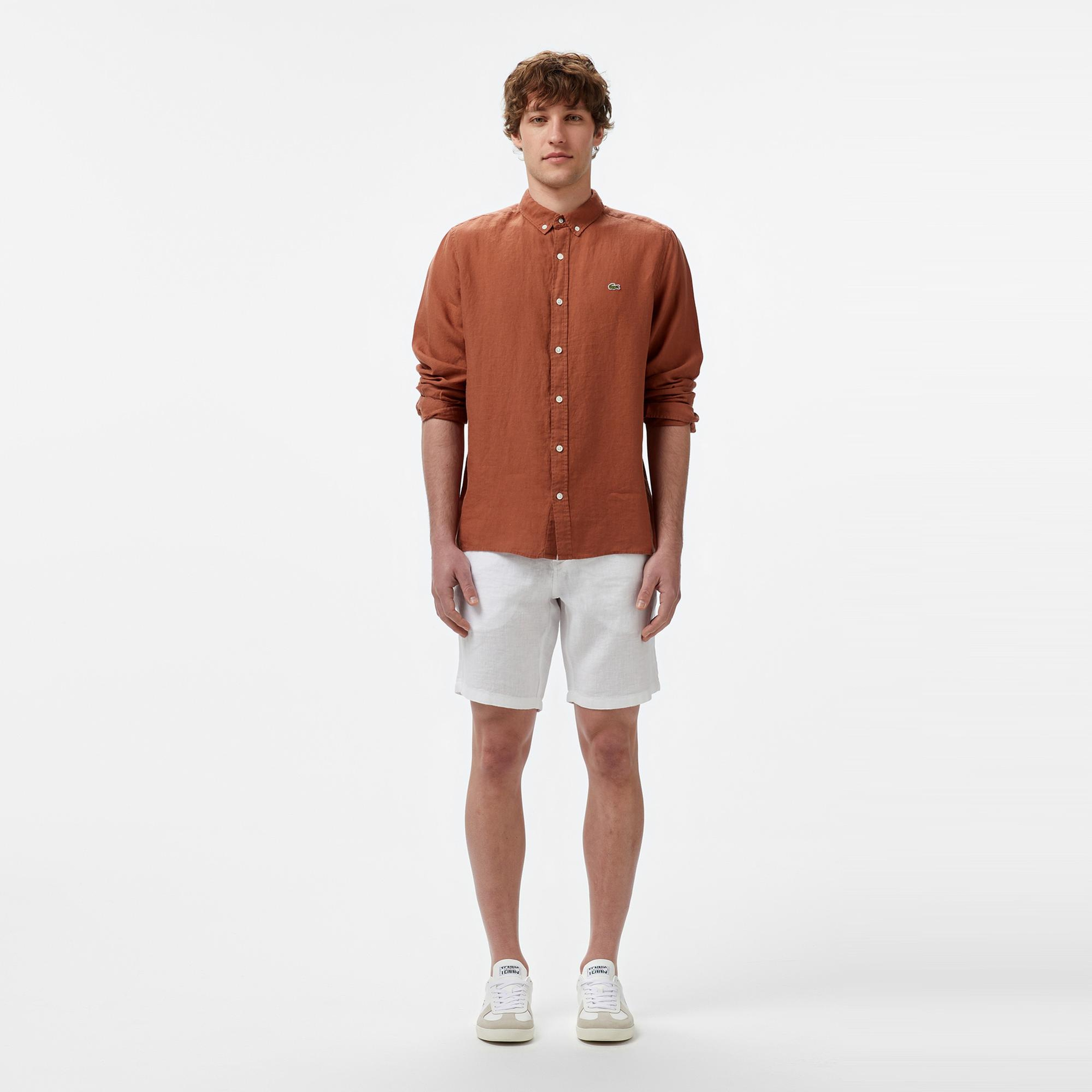 Lacoste Erkek Regular Fit Düğmeli Yaka Keten Kahverengi Gömlek