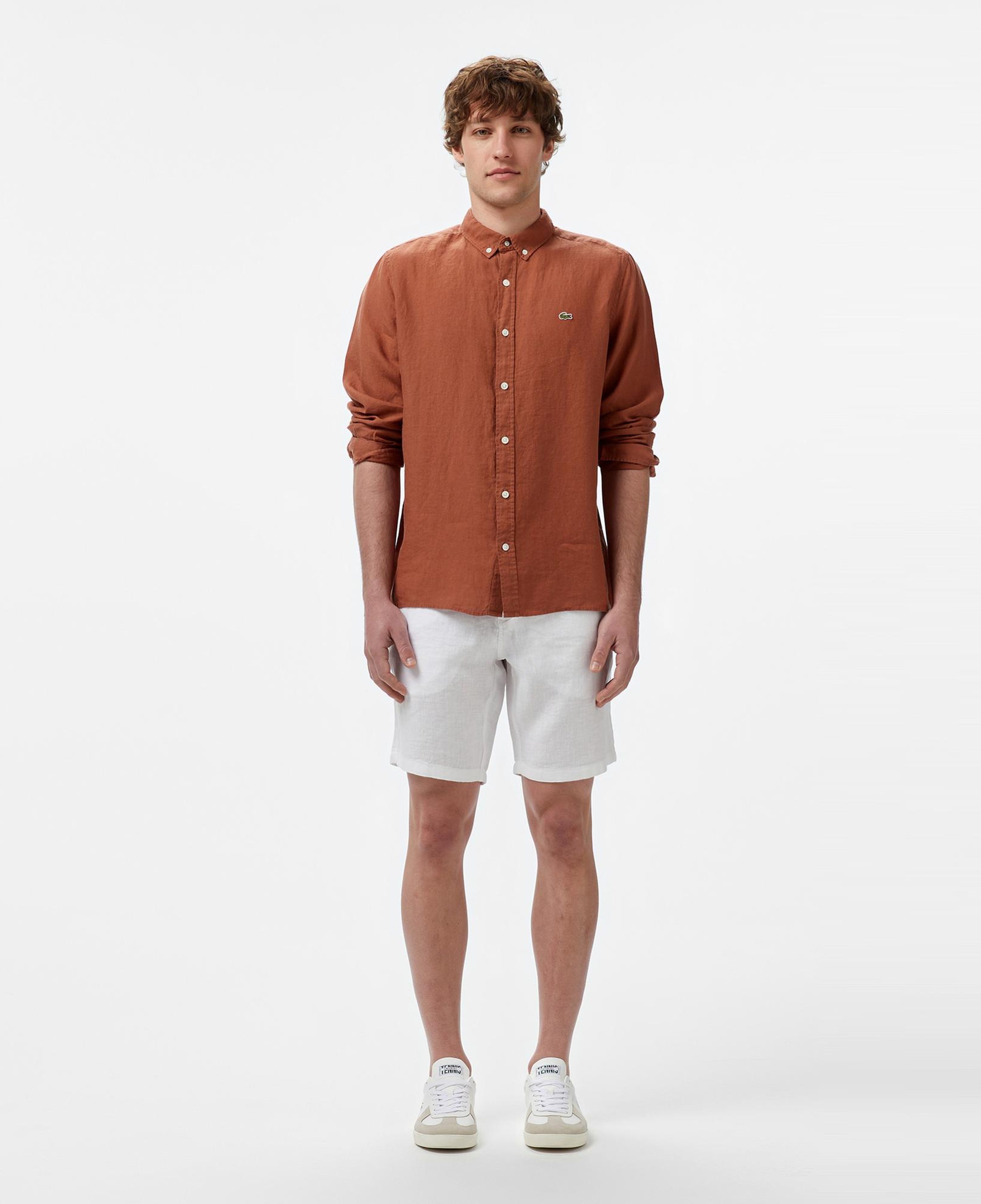 Lacoste Erkek Regular Fit Düğmeli Yaka Keten Kahverengi Gömlek