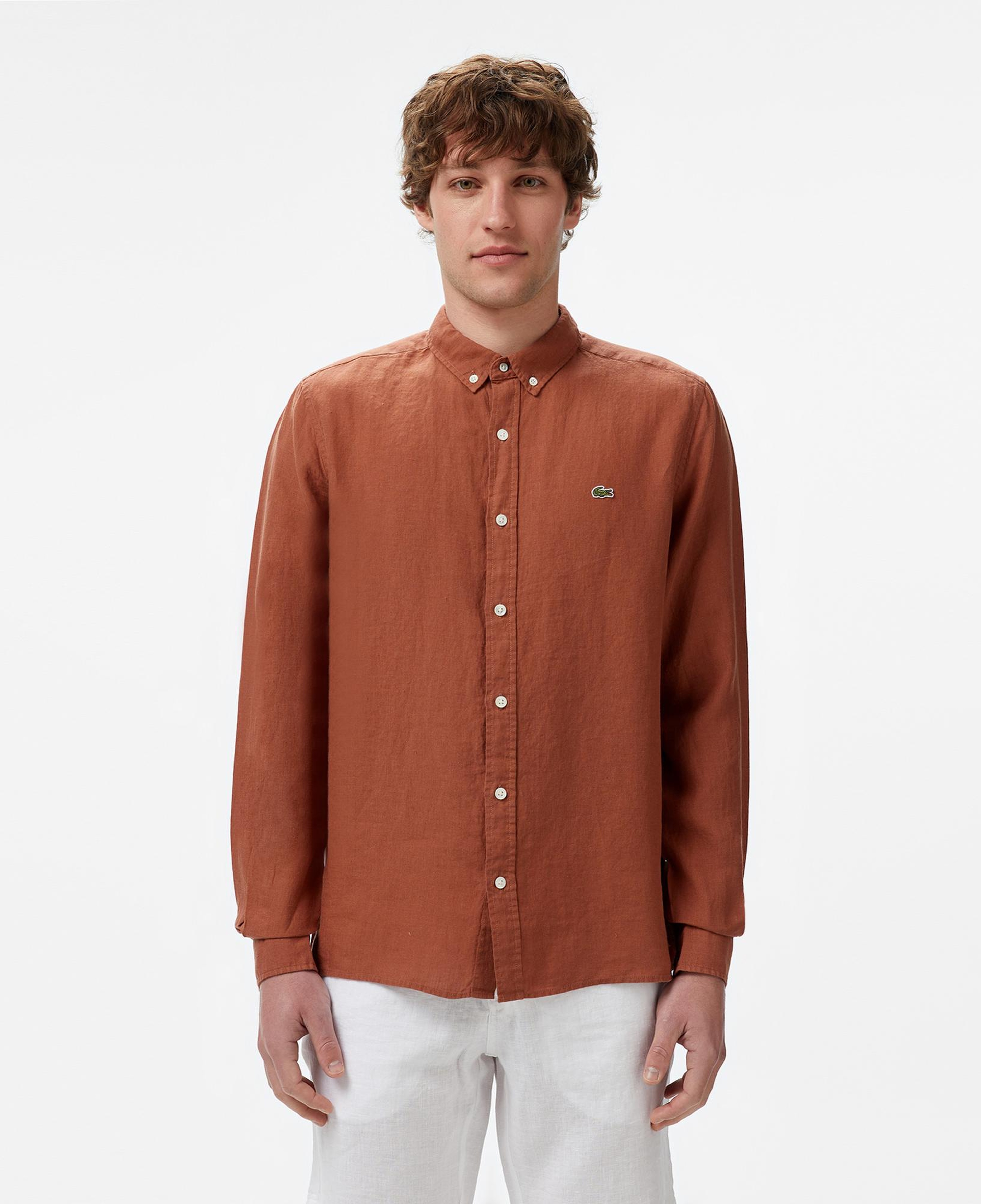 Lacoste Erkek Regular Fit Düğmeli Yaka Keten Kahverengi Gömlek