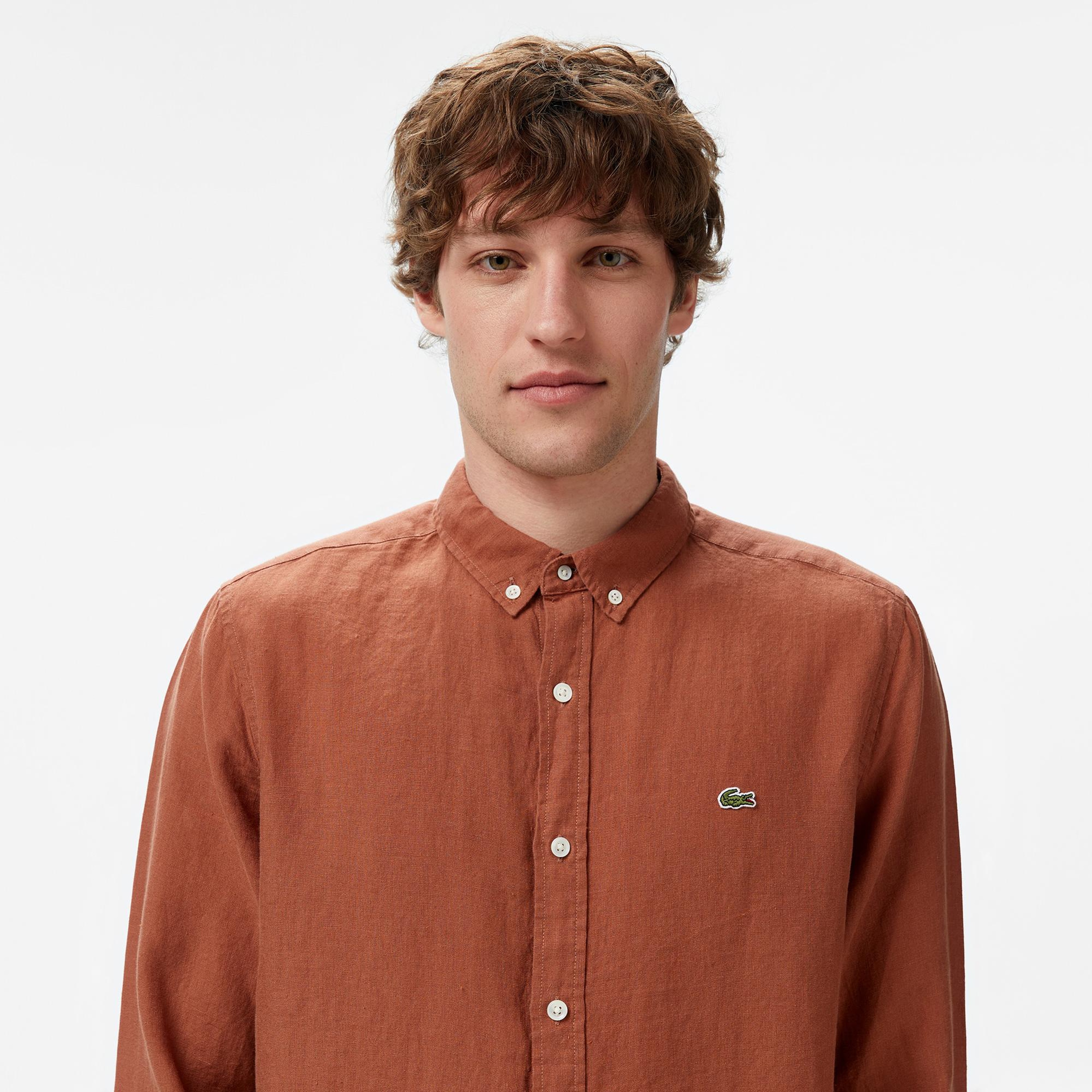 Lacoste Erkek Regular Fit Düğmeli Yaka Keten Kahverengi Gömlek