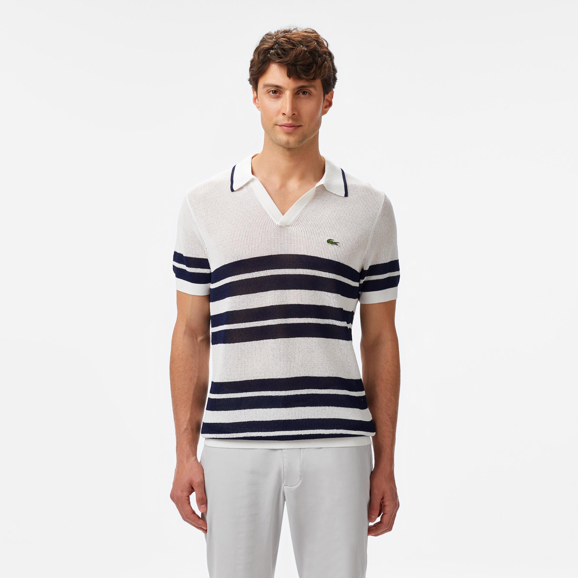 Lacoste Erkek Classic Fit Kısa Kollu Polo Yaka Çizgili Beyaz Triko