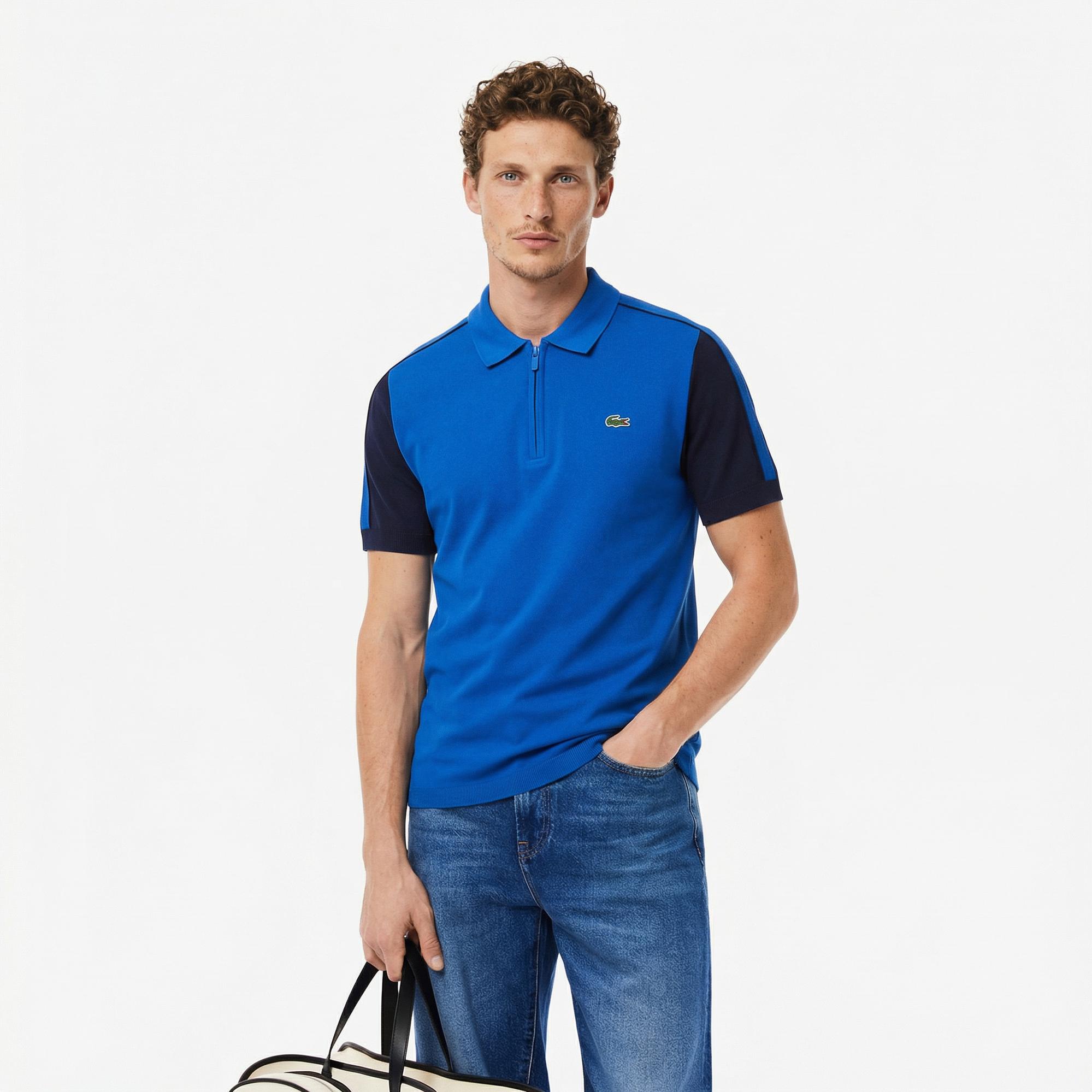 Lacoste Erkek Kısa Kollu Yarım Fermuarlı Renk Bloklu Mavi Triko
