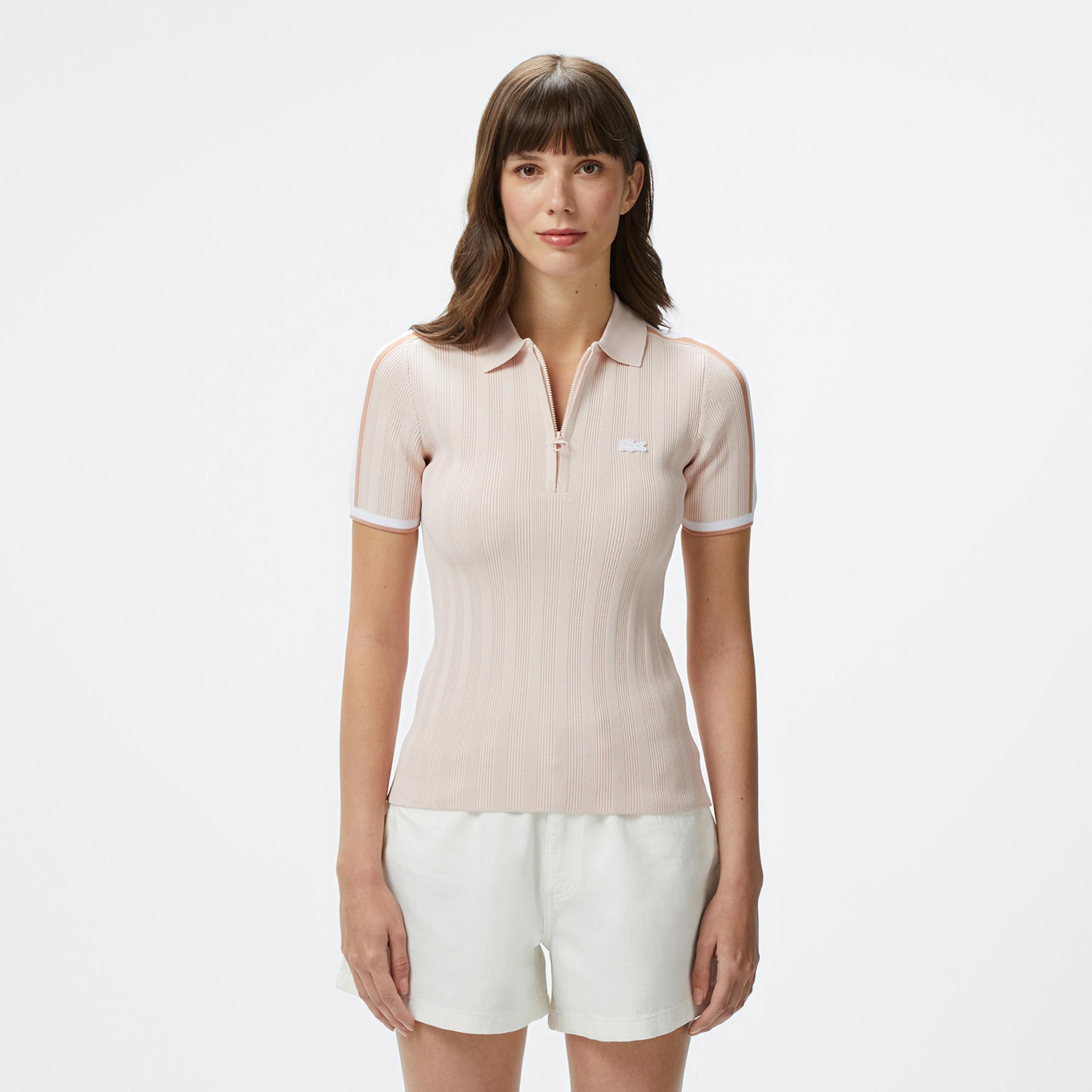 Lacoste Kadın Slim Fit Kısa Kollu Yarım Fermuarlı Krem Triko