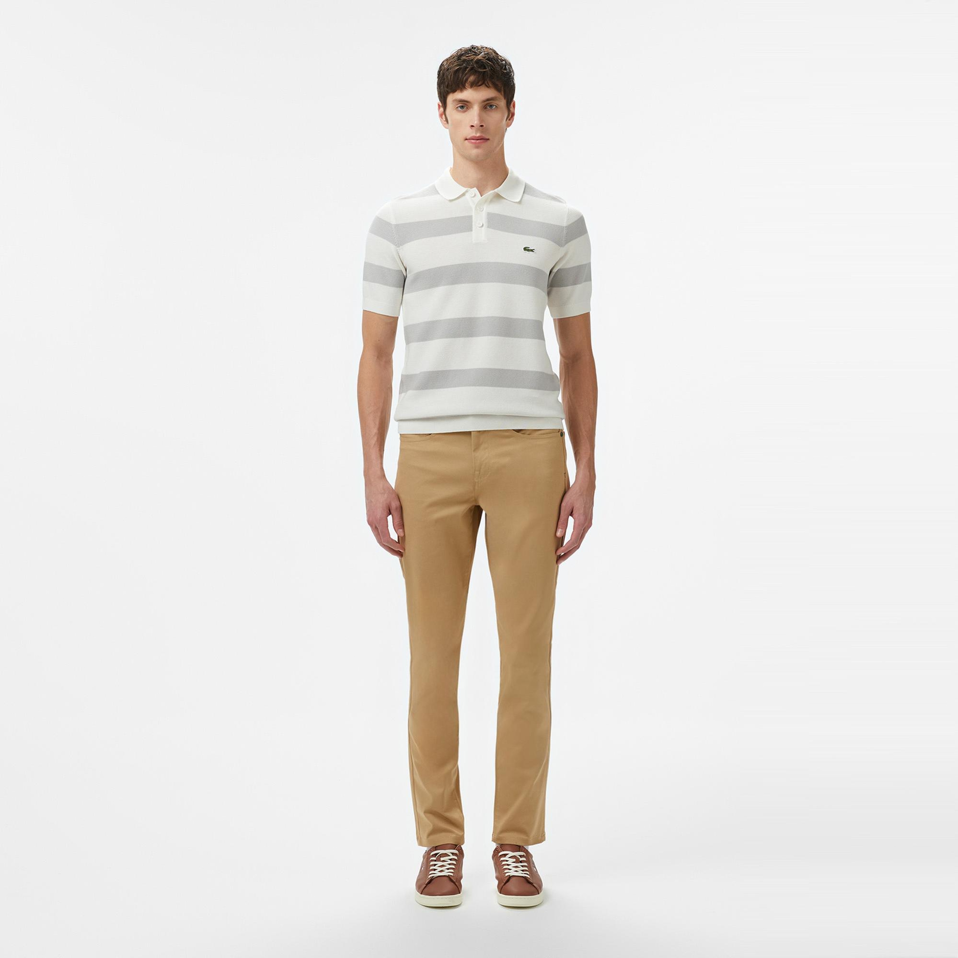 Lacoste Erkek Polo Yaka Çizgili Gri Triko