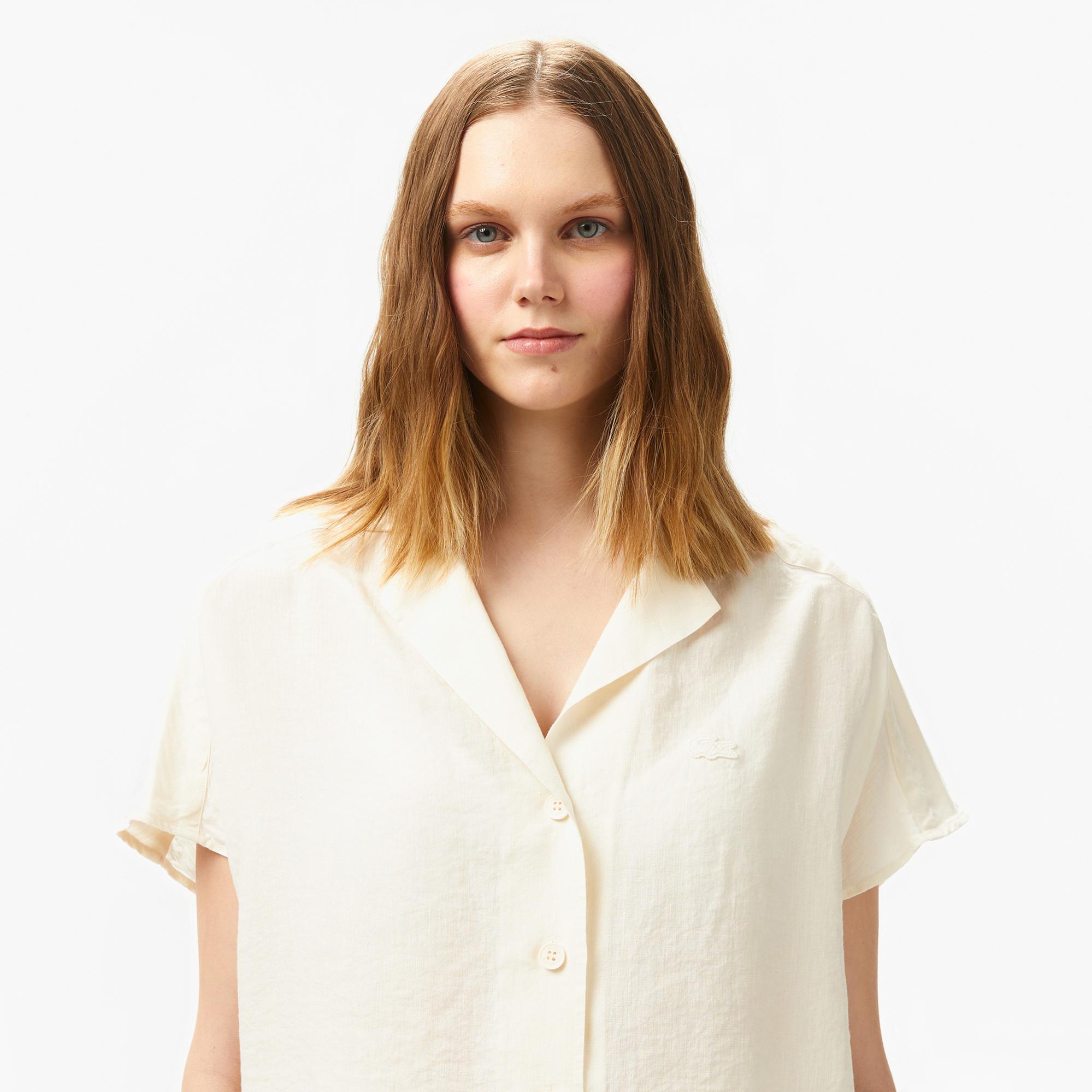 Lacoste Kadın Regular Fit Kısa Kollu Keten Beyaz Gömlek