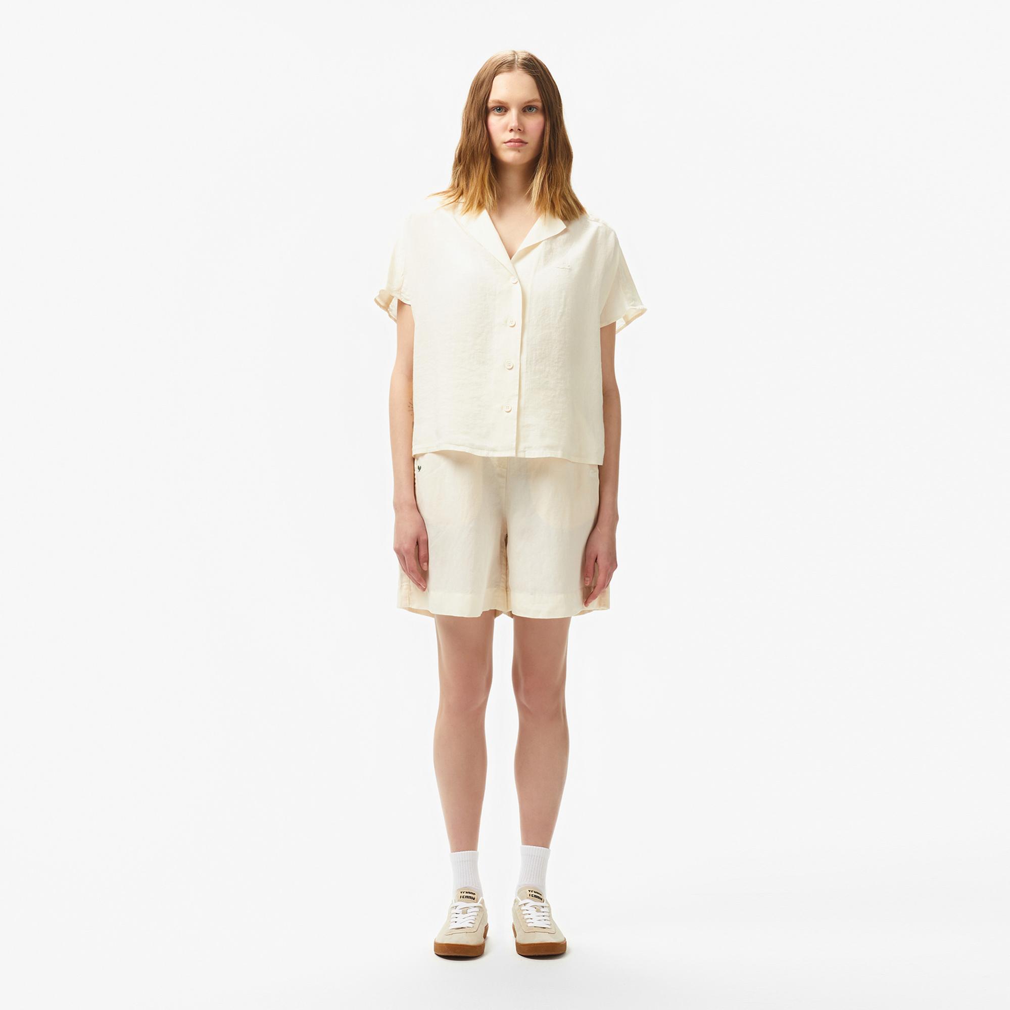 Lacoste Kadın Regular Fit Kısa Kollu Keten Beyaz Gömlek