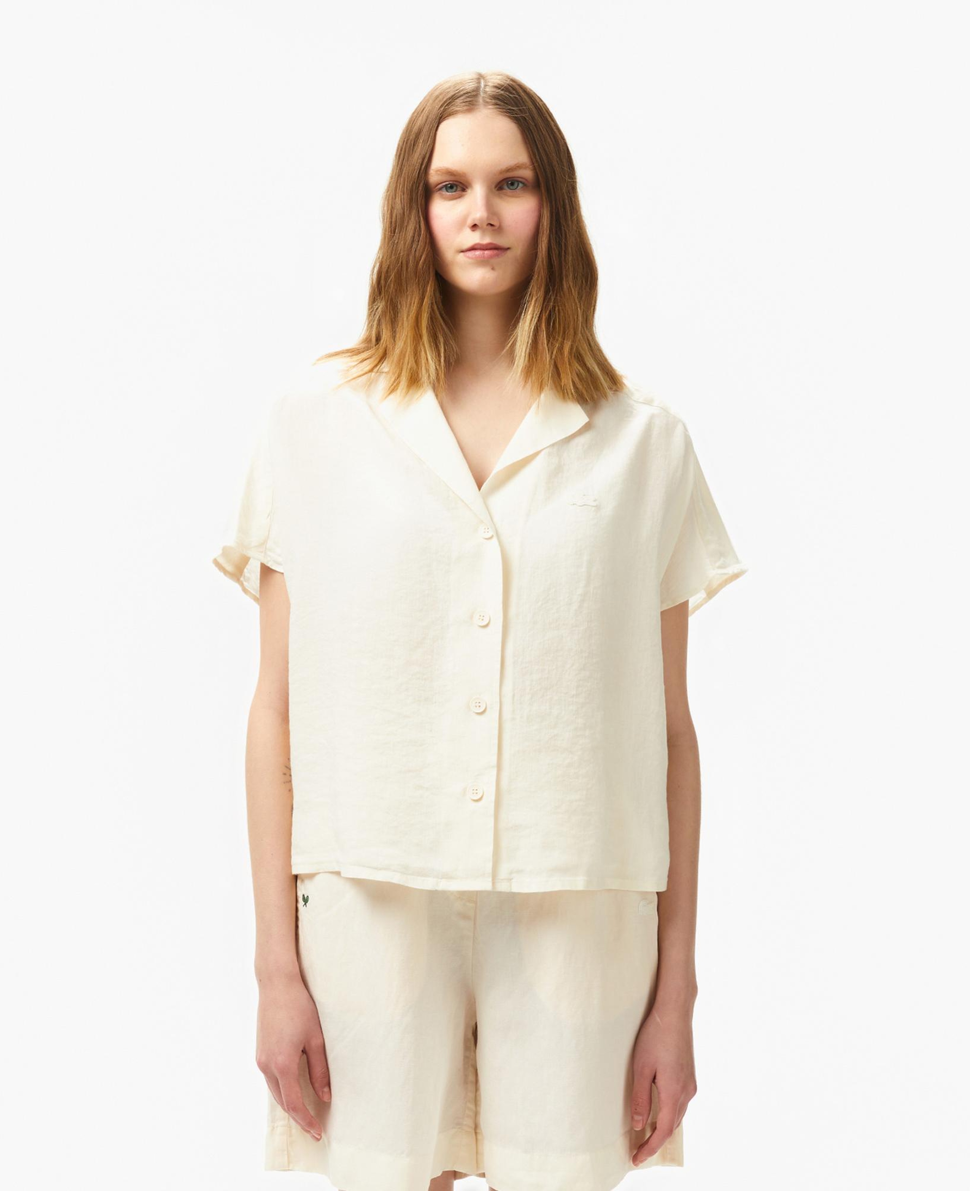 Lacoste Kadın Regular Fit Kısa Kollu Keten Beyaz Gömlek