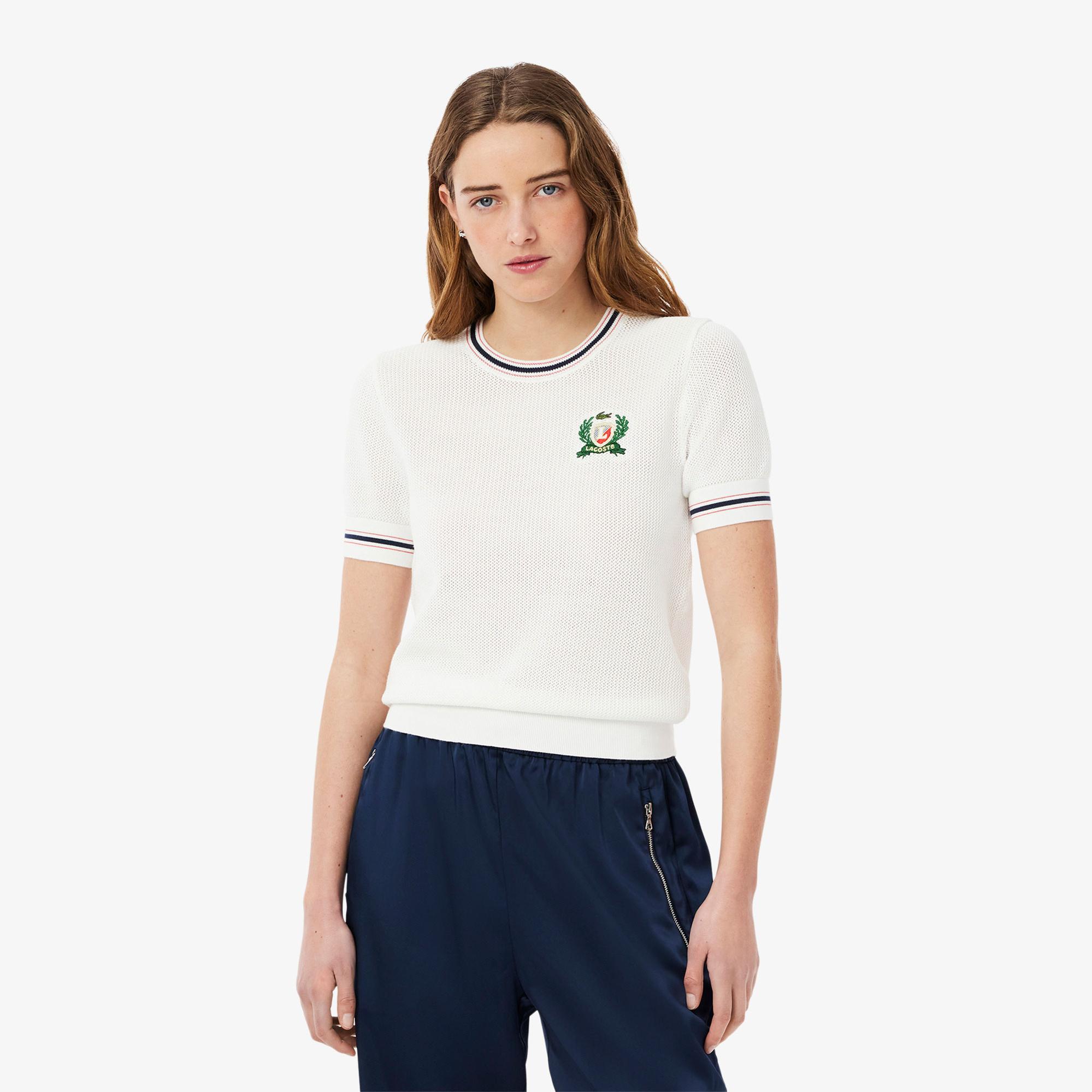 Lacoste Kadın Regular Fit Kısa Kollu Bisiklet Yaka Beyaz Triko