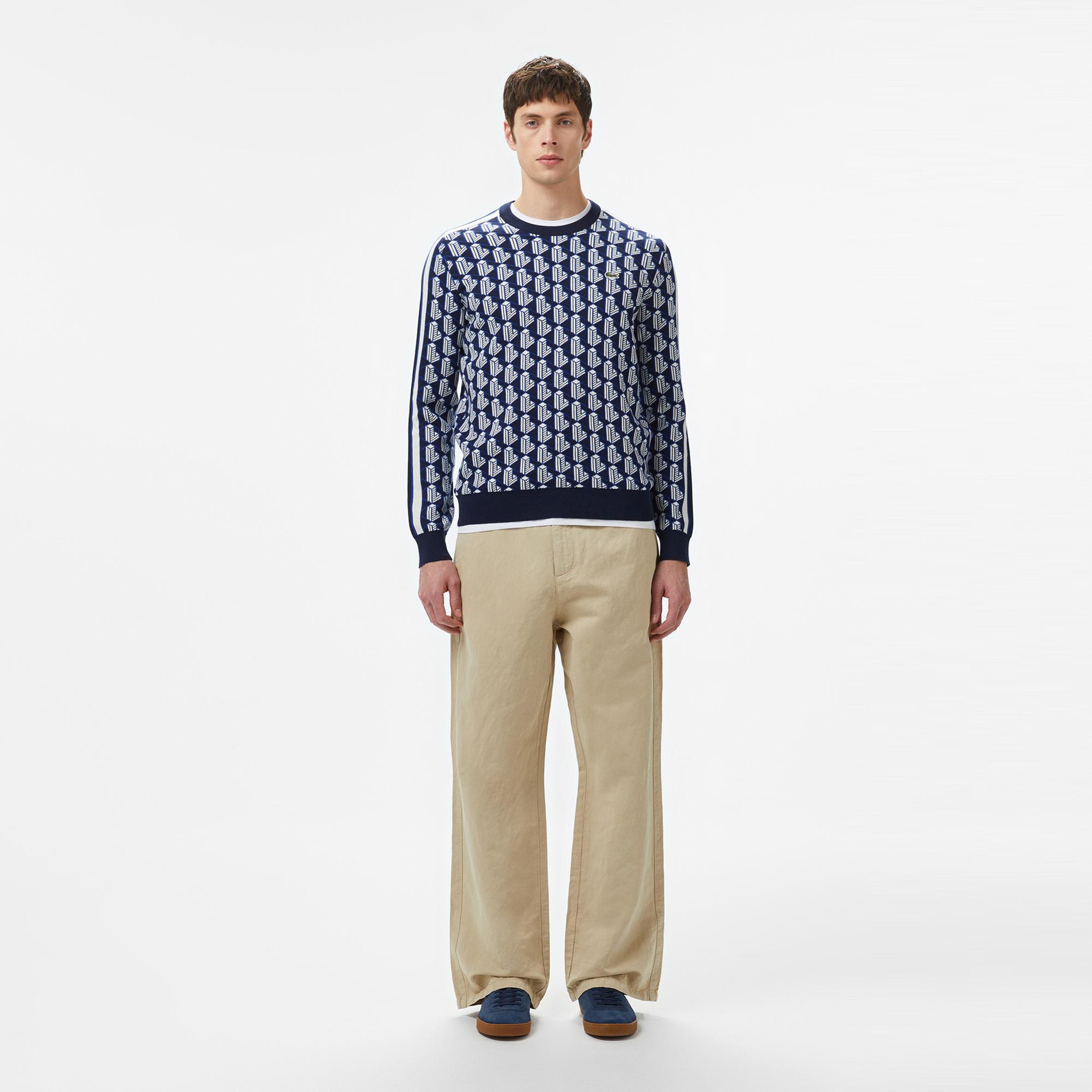 Lacoste Erkek Classic Fit Bisiklet Yaka Monogram Lacivert Kazak