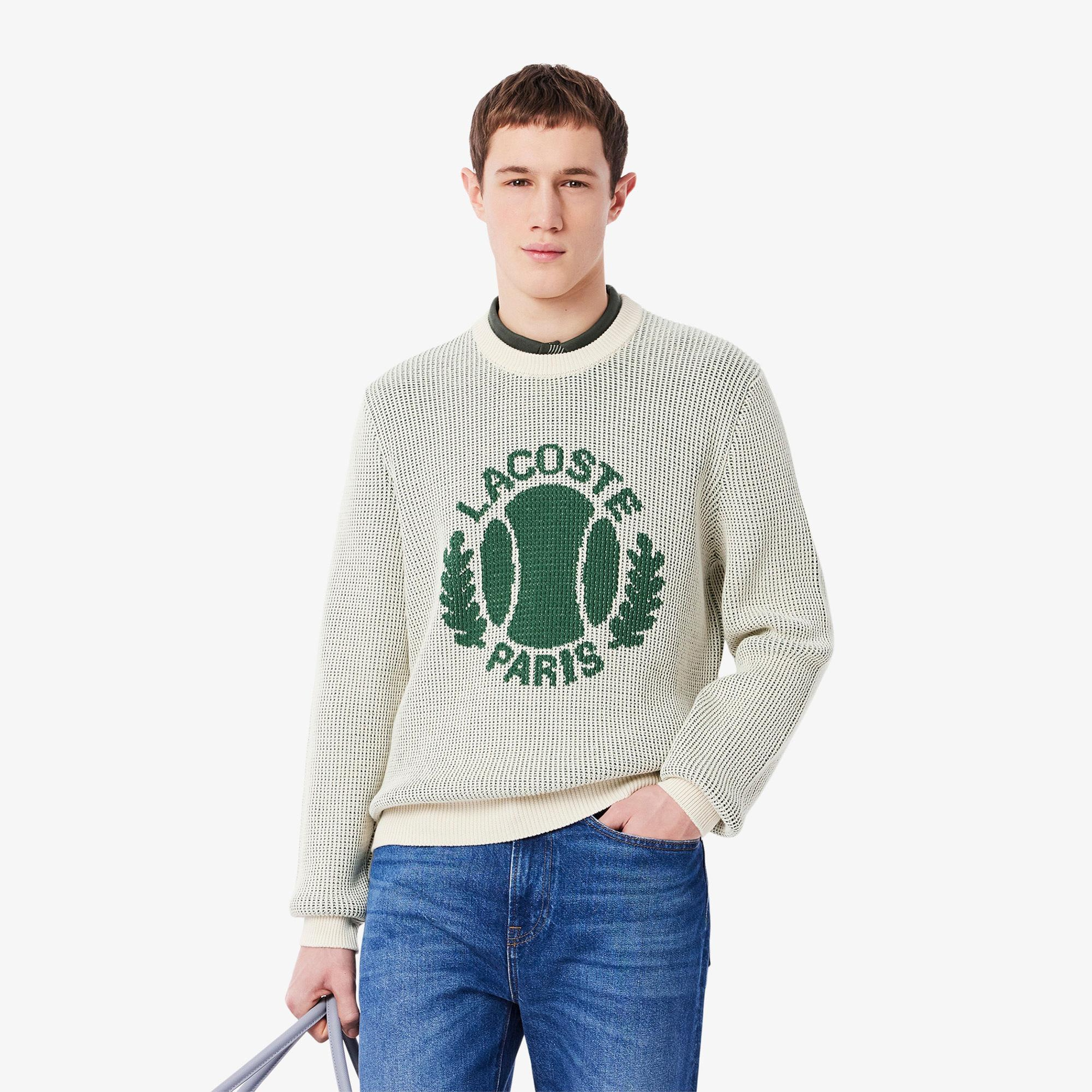 Lacoste Erkek Classic Fit Bisiklet Yaka Desenli Krem Kazak