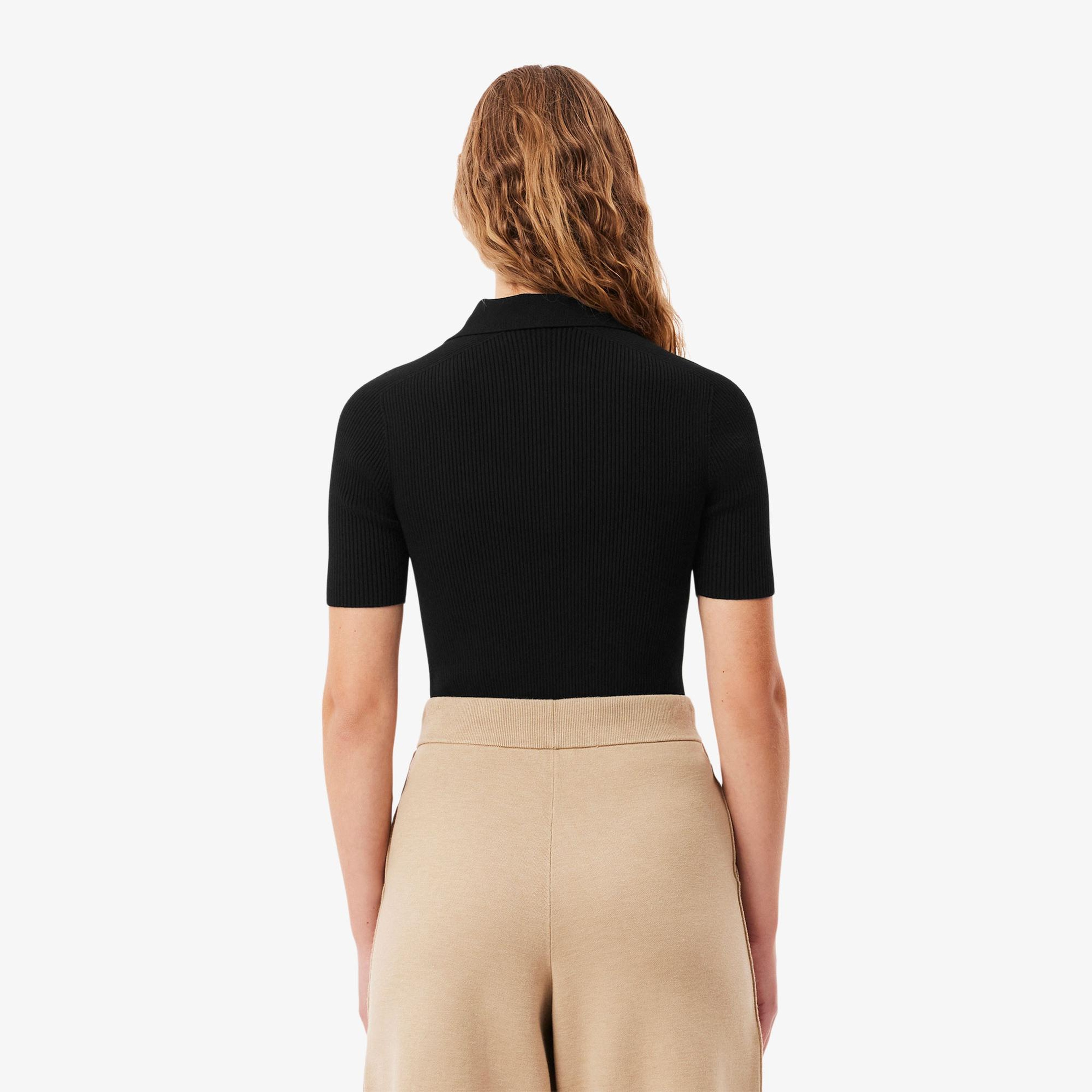 Lacoste Kadın Slim Fit Kısa Kollu Yarım Fermuarlı Siyah Triko