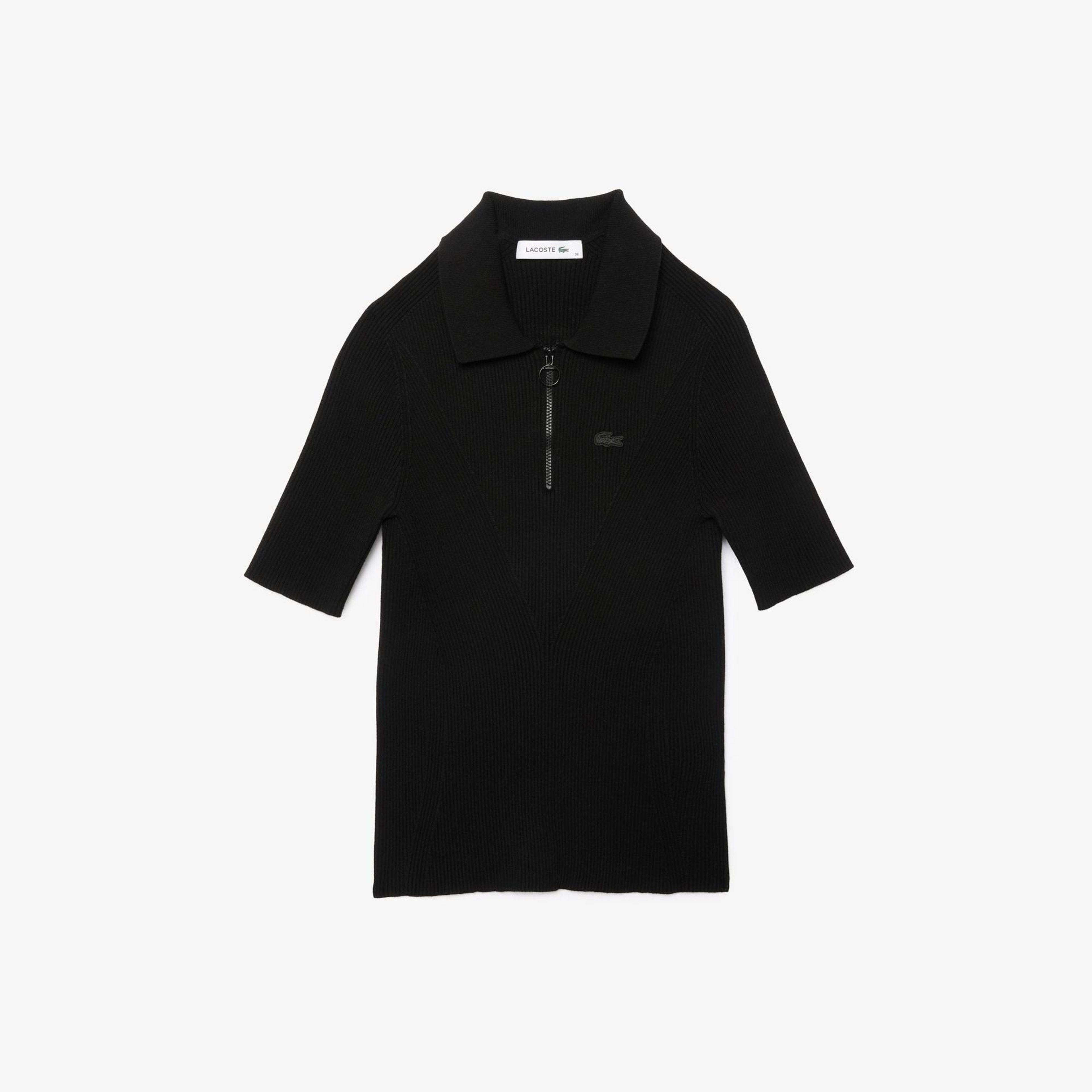 Lacoste Kadın Slim Fit Kısa Kollu Yarım Fermuarlı Siyah Triko