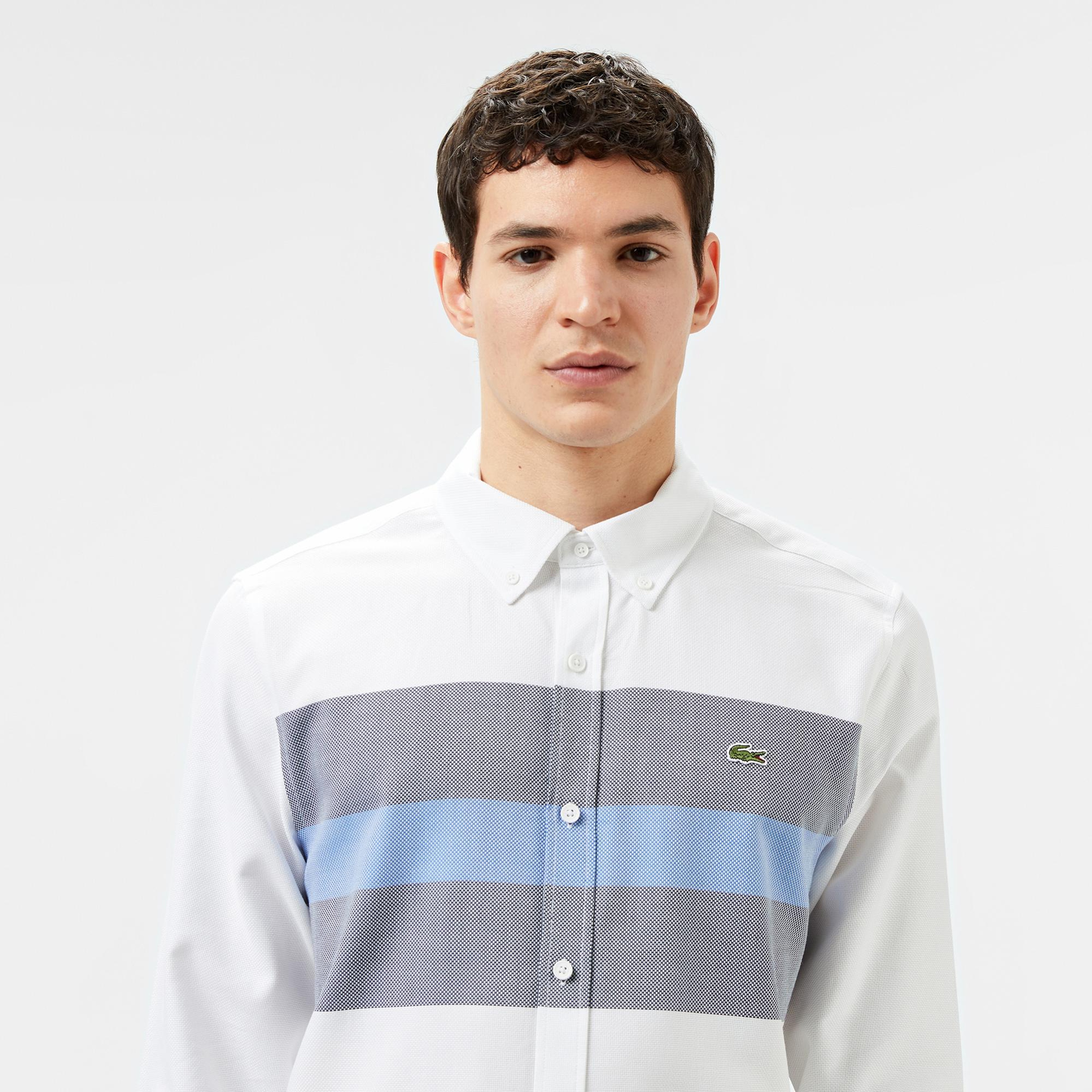 Lacoste Erkek Slim Fit Renk Bloklu Beyaz Gömlek