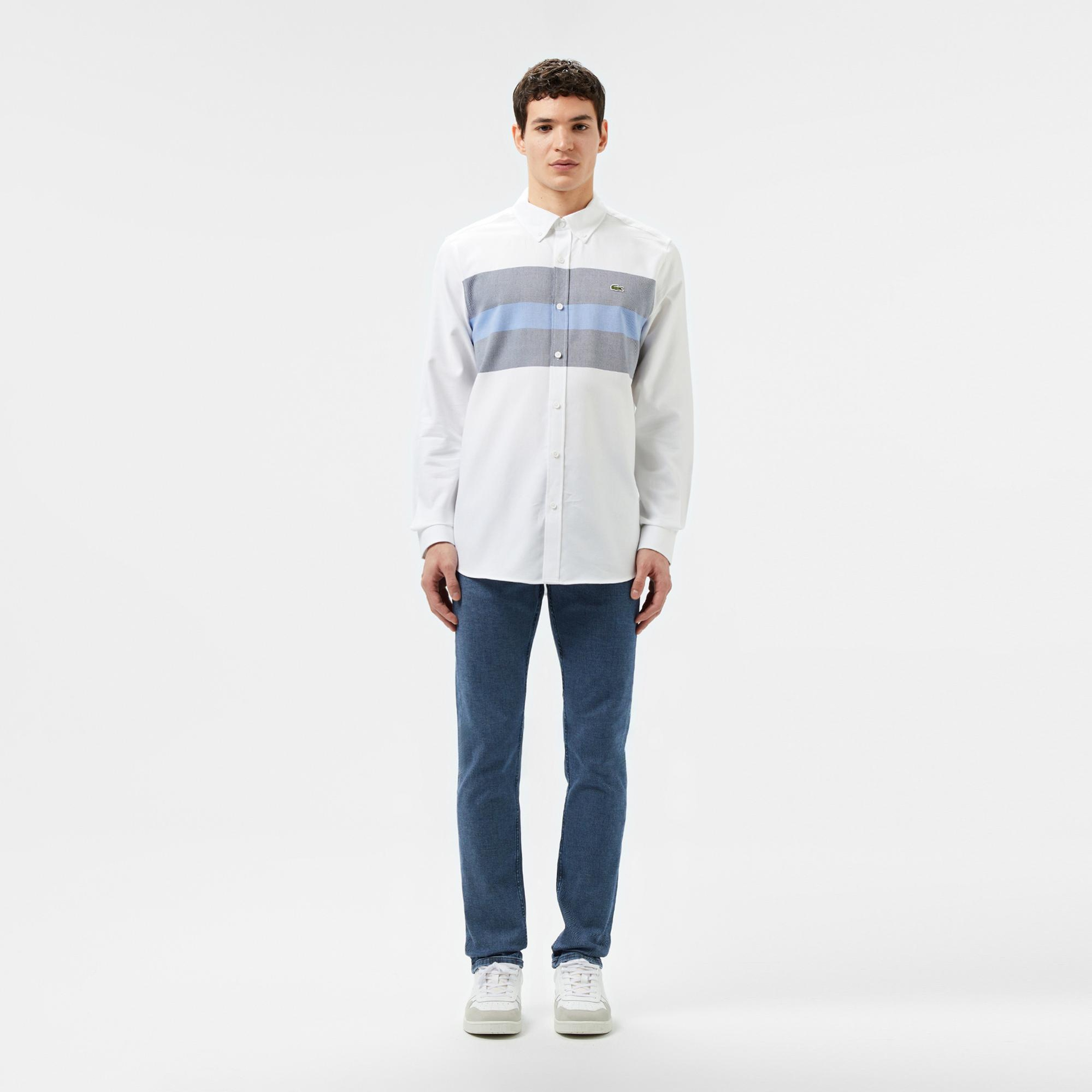 Lacoste Erkek Slim Fit Renk Bloklu Beyaz Gömlek