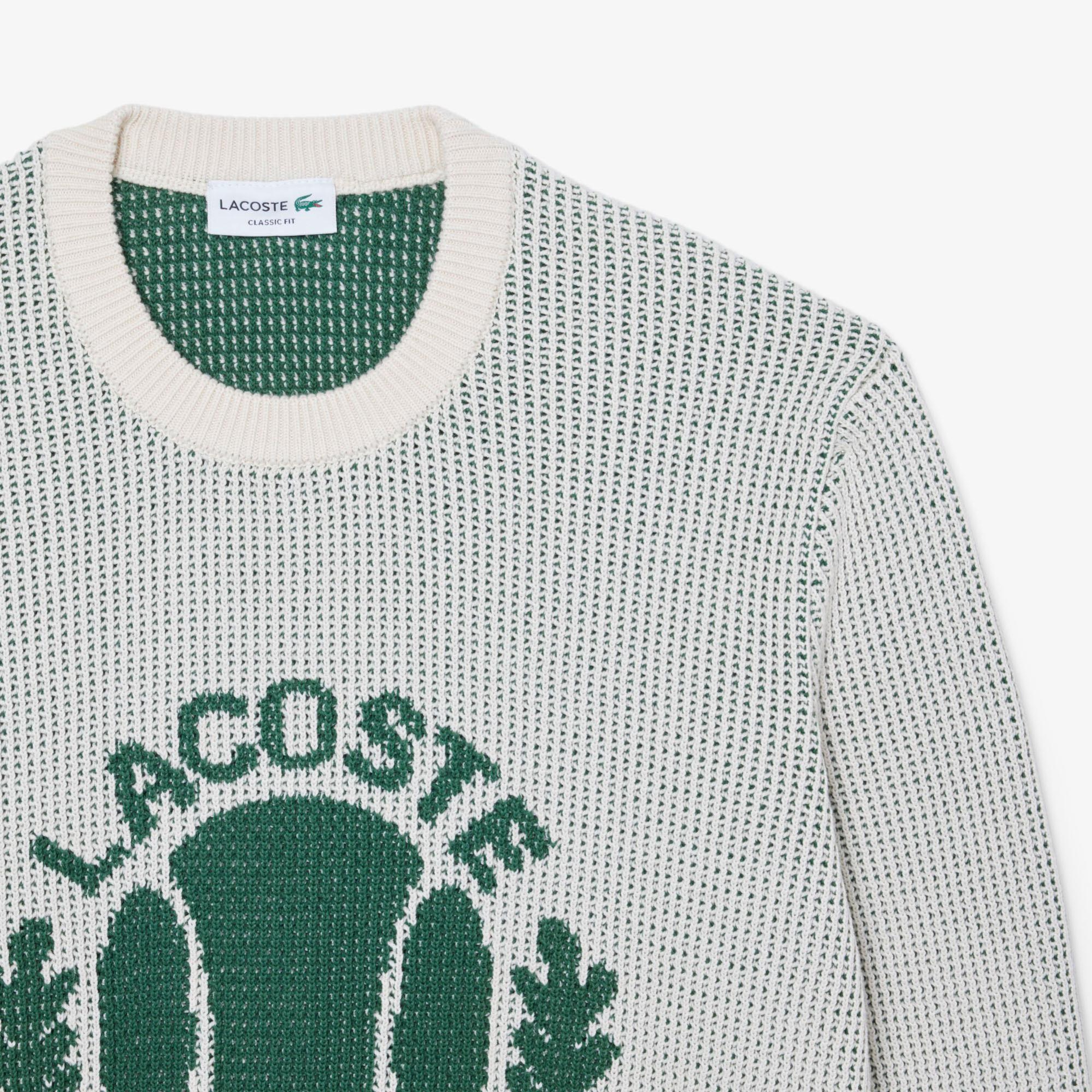 Lacoste Erkek Classic Fit Bisiklet Yaka Desenli Krem Kazak