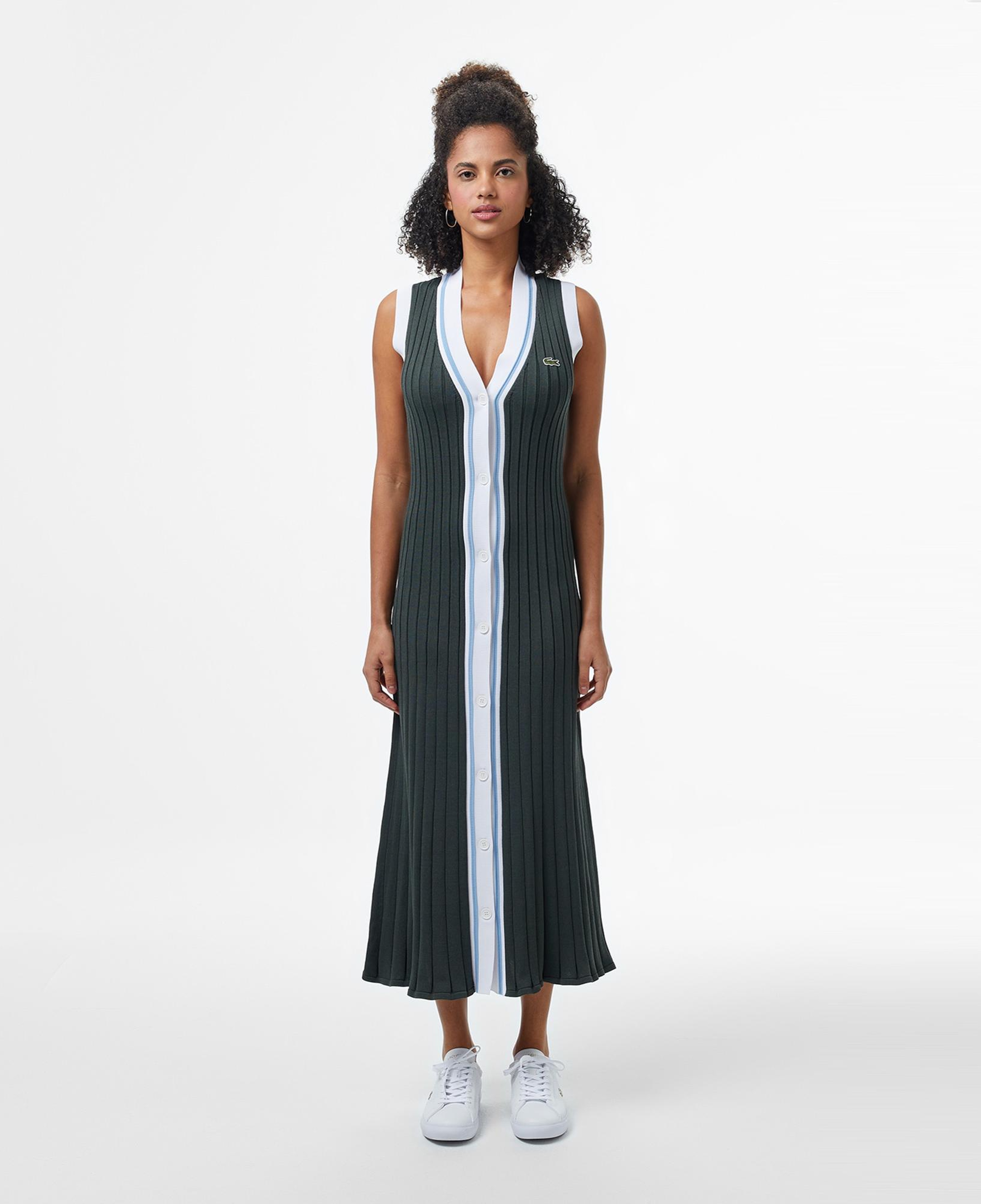 Lacoste Kadın Flare Fit Kolsuz V Yaka Renk Bloklu Koyu Yeşil Elbise