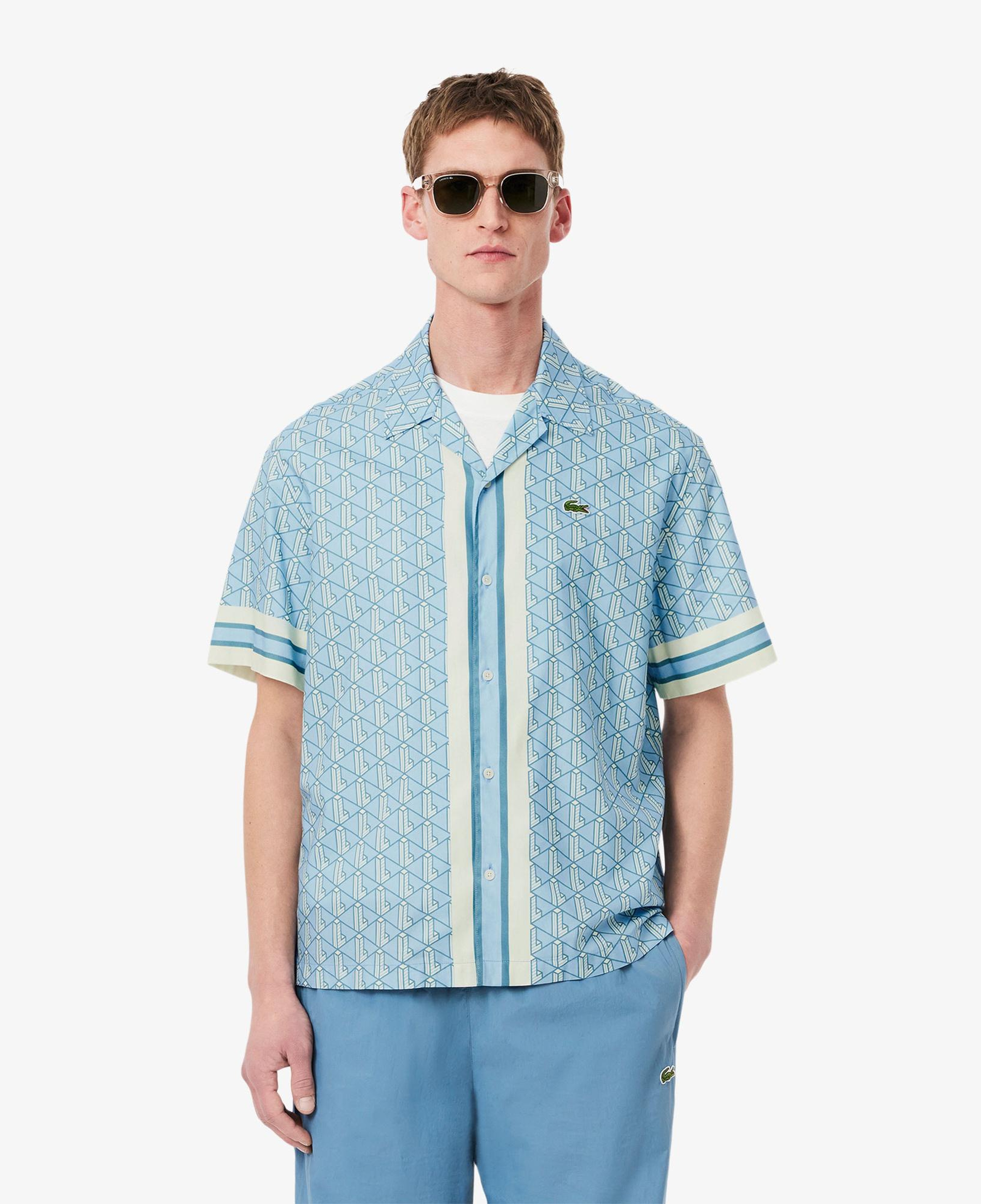 Lacoste Erkek Relaxed Fit Kısa Kollu Monogram Mavi Gömlek