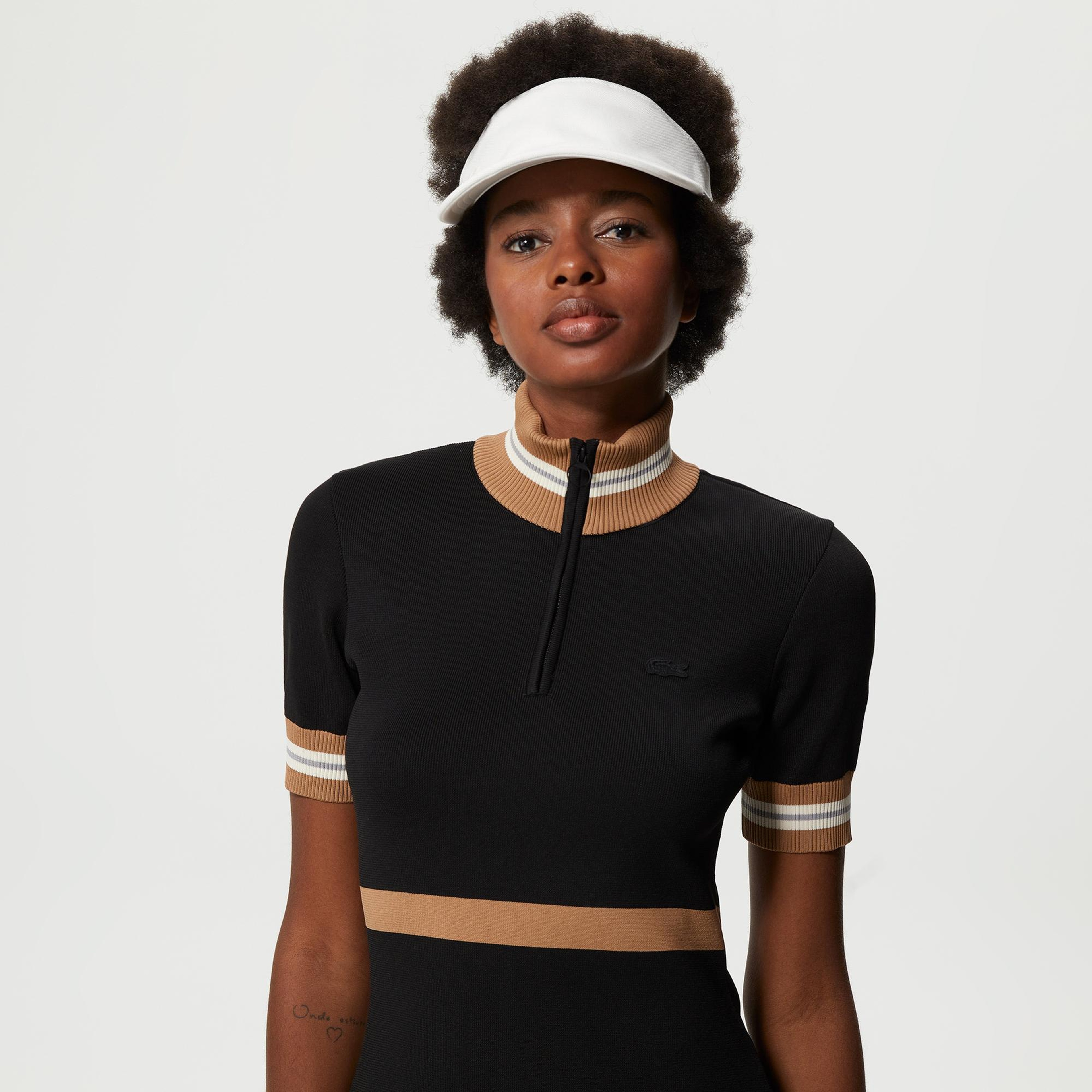 Lacoste Kadın Flare Fit Kısa Kollu Dik Yaka Siyah Elbise