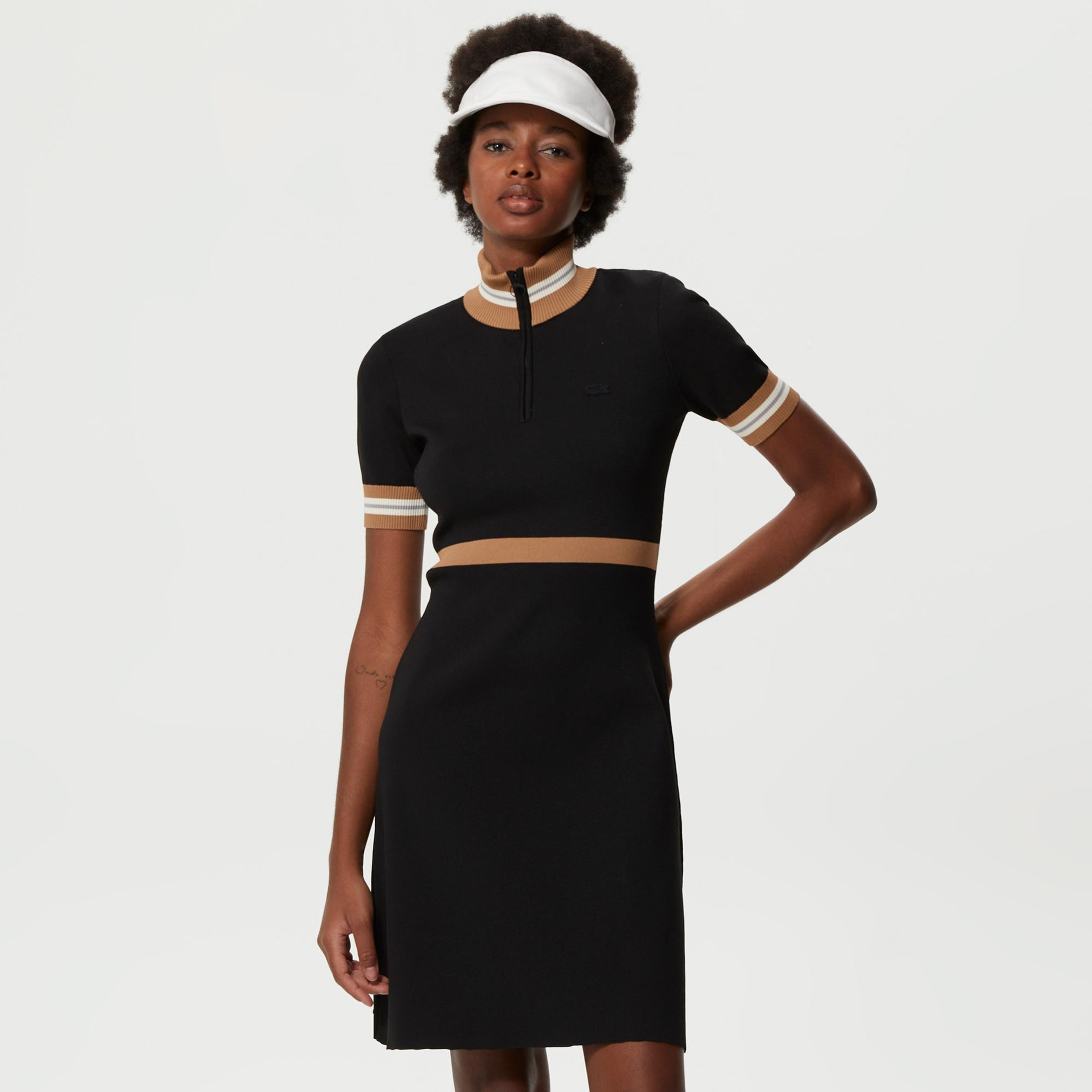 Lacoste Kadın Flare Fit Kısa Kollu Dik Yaka Siyah Elbise