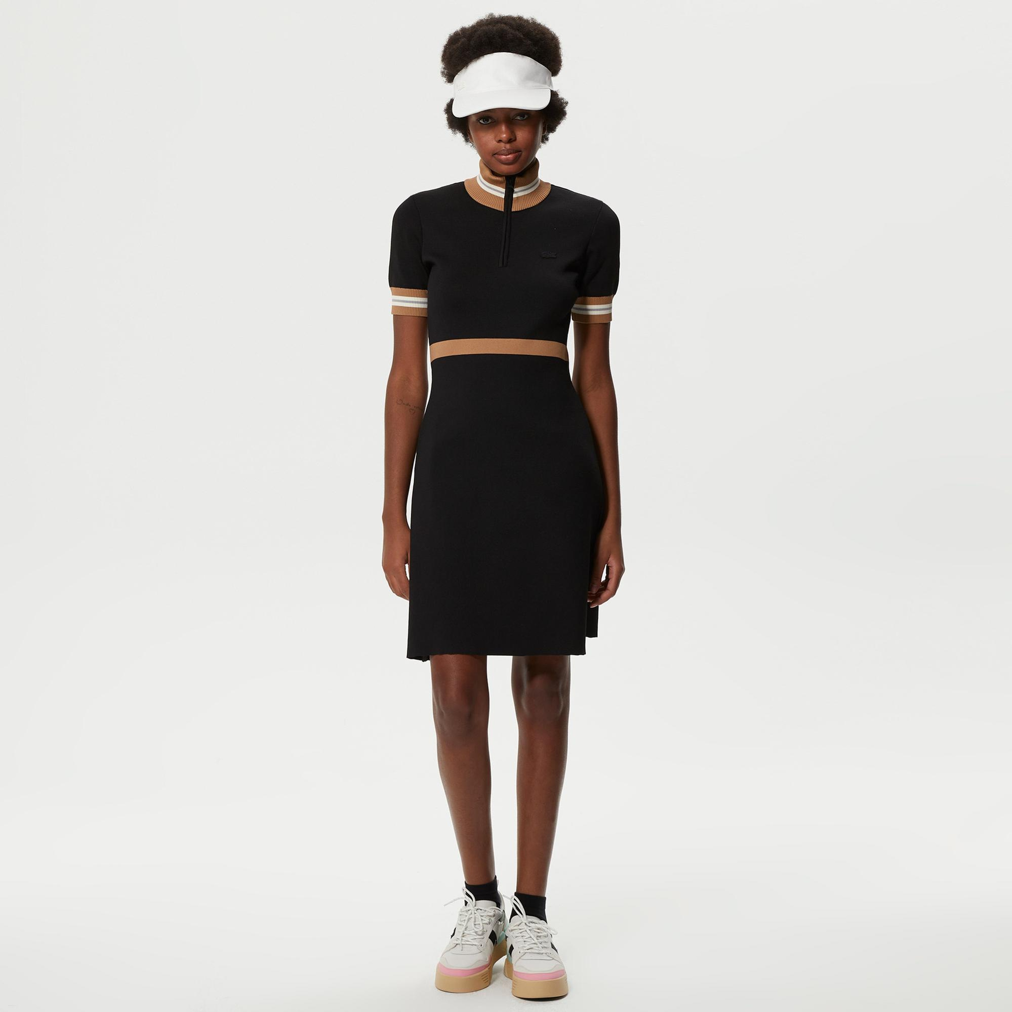 Lacoste Kadın Flare Fit Kısa Kollu Dik Yaka Siyah Elbise