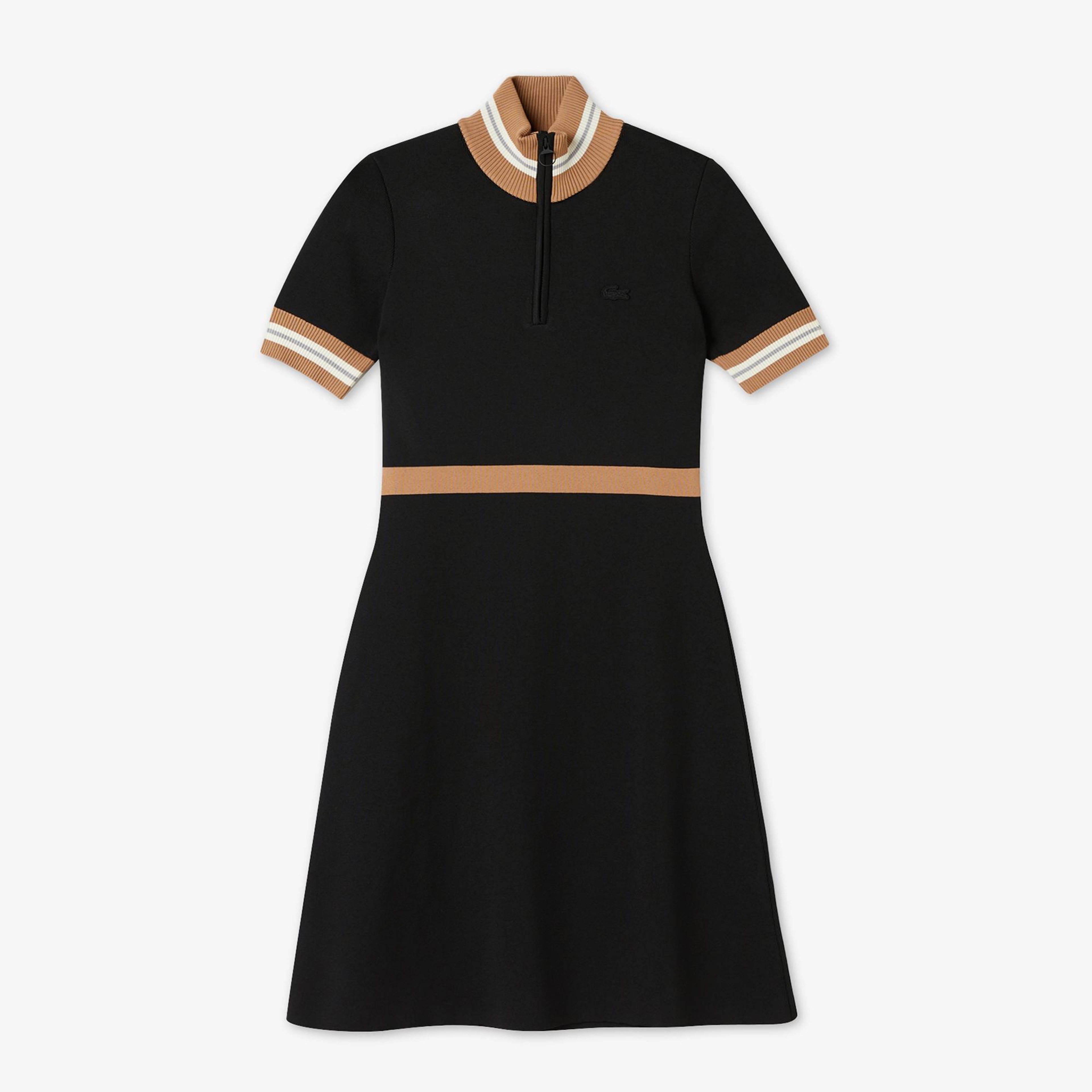 Lacoste Kadın Flare Fit Kısa Kollu Dik Yaka Siyah Elbise
