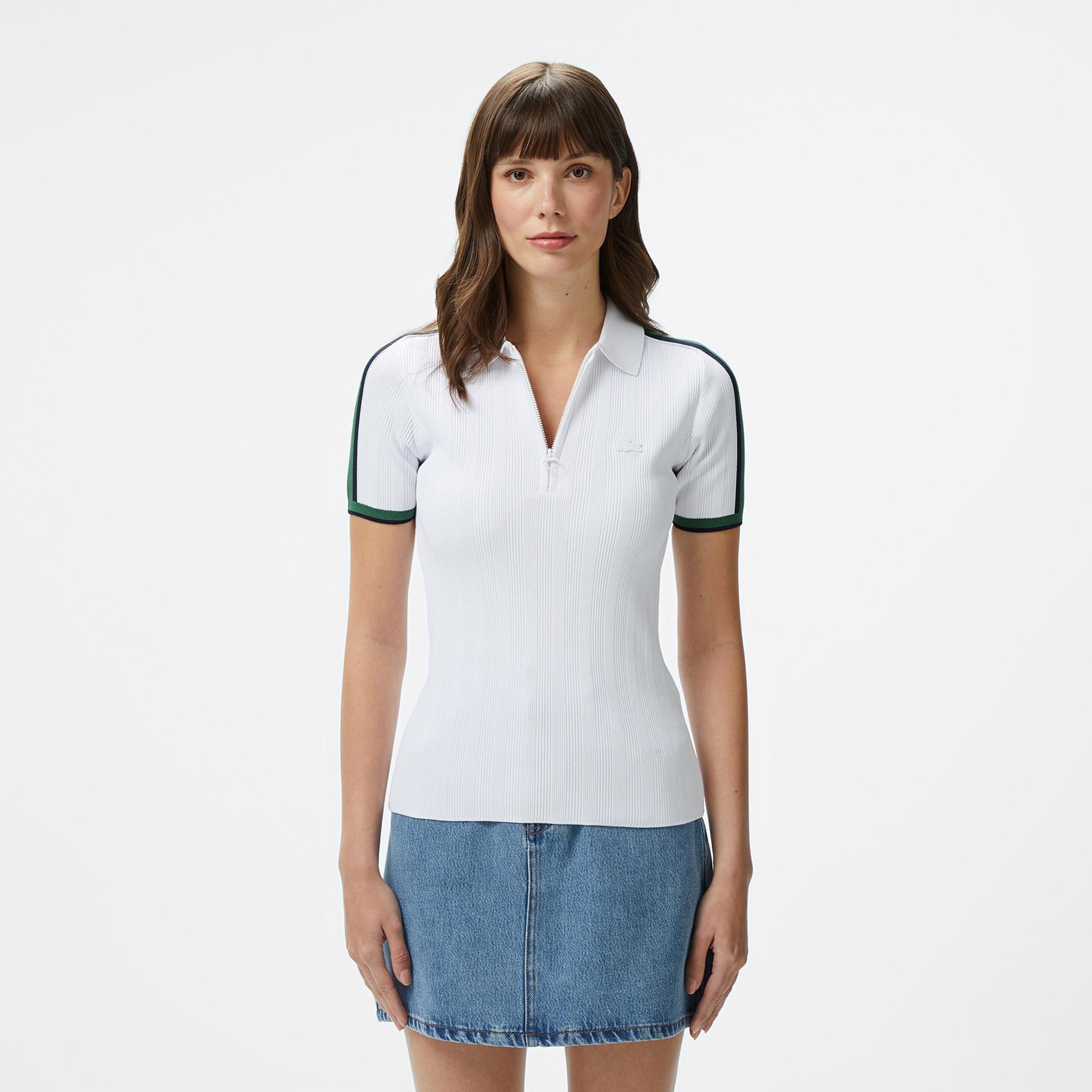 Lacoste Kadın Slim Fit Kısa Kollu Yarım Fermuarlı Beyaz Triko
