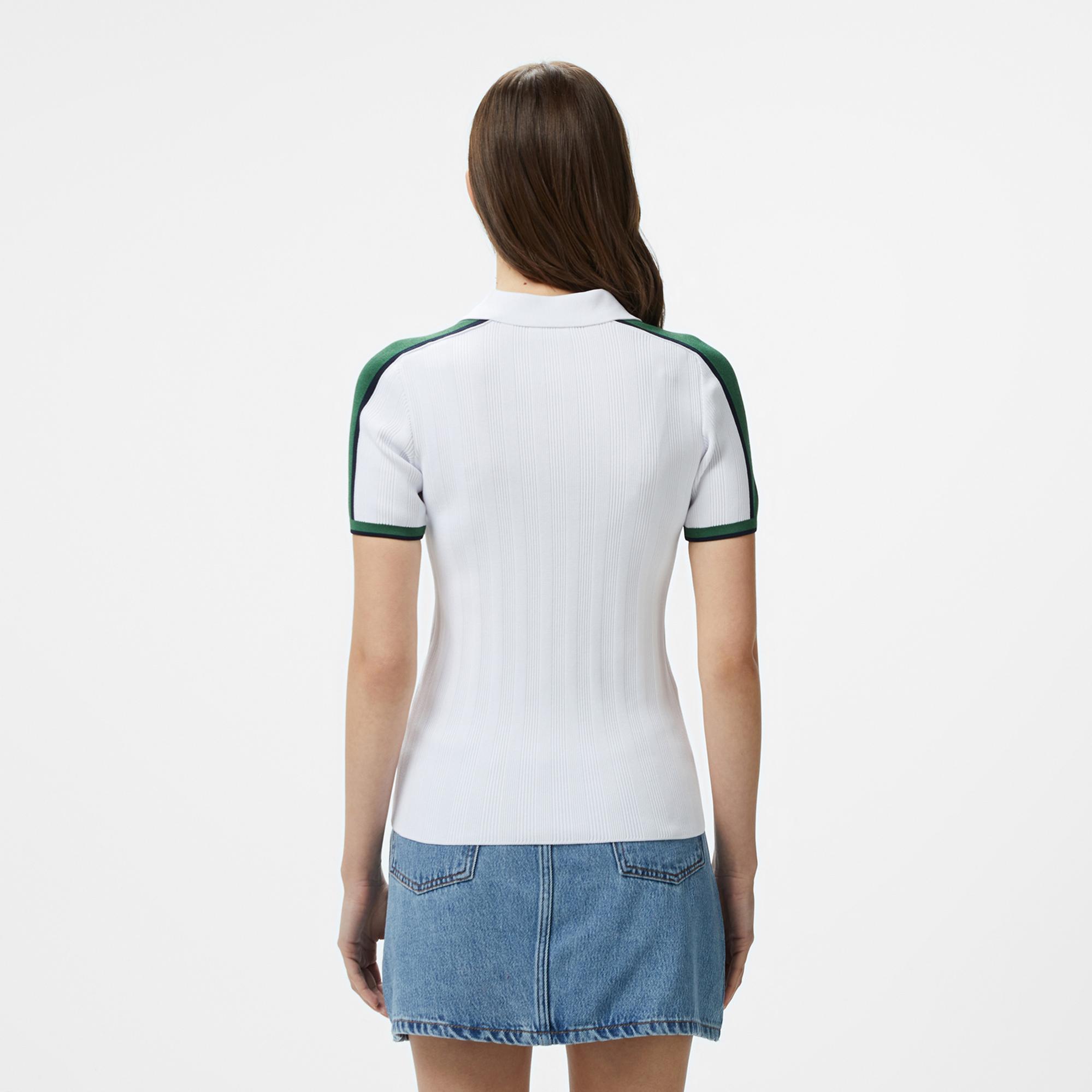 Lacoste Kadın Slim Fit Kısa Kollu Yarım Fermuarlı Beyaz Triko