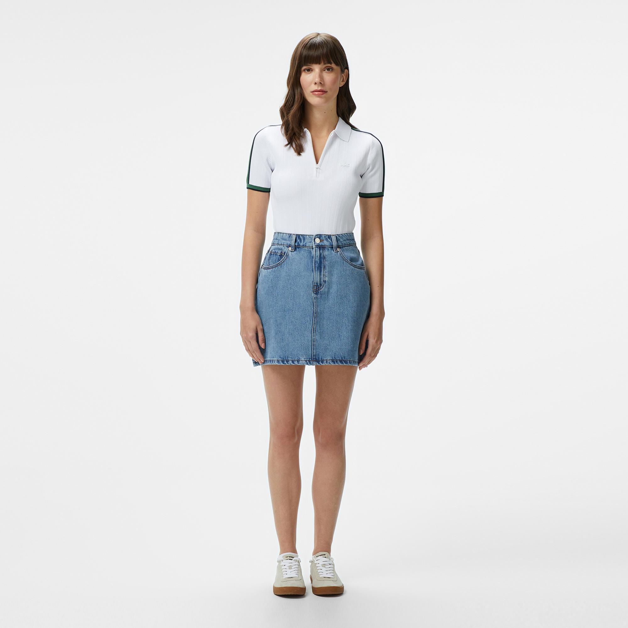 Lacoste Kadın Slim Fit Kısa Kollu Yarım Fermuarlı Beyaz Triko